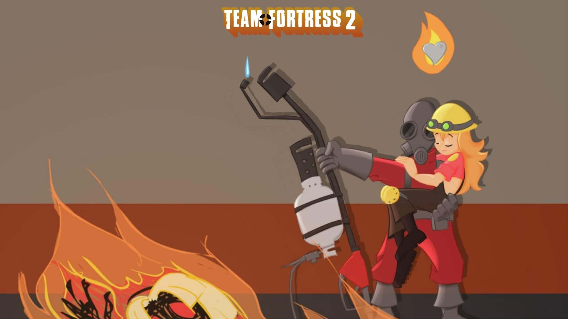 1920x1080 Tf2 桌布 壁紙 — 一個火熱的卡通消防員角色在 Team Fortress 2 遊戲場景中，於咆哮的火焰中揮舞著火焰噴射器。
