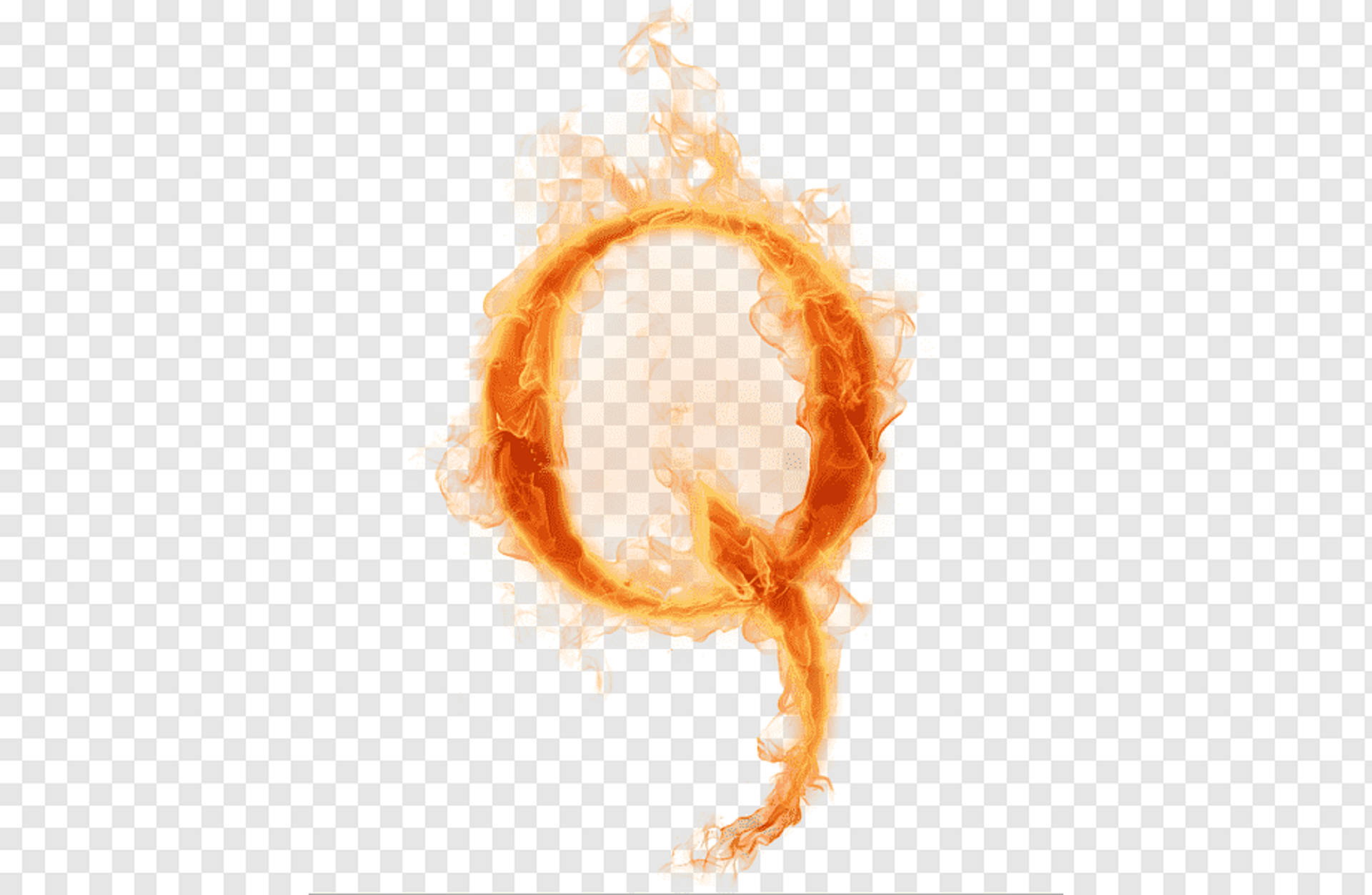 q 桌布 壁紙 — 一個火熱的字母Q，形狀像旋轉的火焰，帶有橙色和黃色色調，背景透明。
