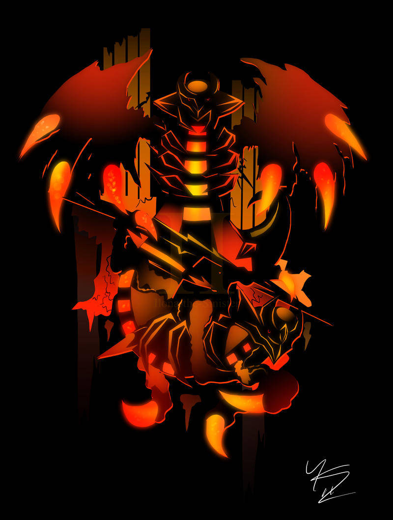 Giratina 桌布 壁紙 — 一個火熱的惡魔形象，帶有發光的橙色翅膀和盔甲，站在黑色背景前，散發出強烈的熱量和力量。