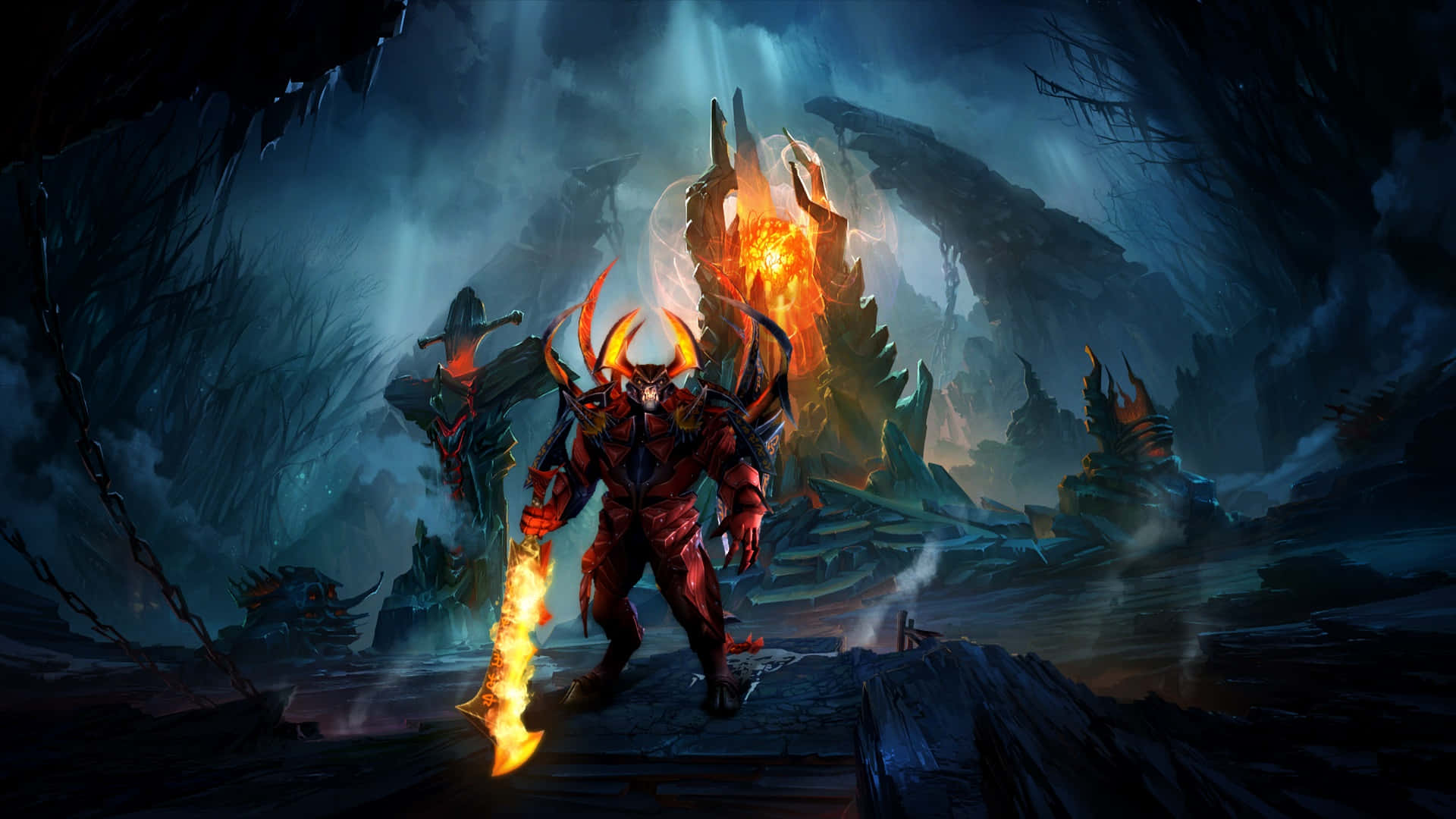 HD Doom 桌布 壁紙 — 一個火熱的惡魔戰士，帶著發光的角和火焰劍，在黑暗、霧氣瀰漫的洞穴中挑釁地站立，背景是鋸齒狀的岩石結構和發光的橙色熔岩。