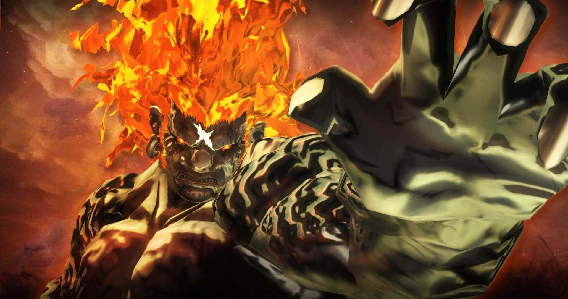 Ganondorf 桌布 壁紙 — 一個火熱的惡魔戰士，擁有發光的眼睛和火焰般的頭髮，在煙霧瀰漫的橙色天空下，用巨大的裝甲拳頭向前猛衝。