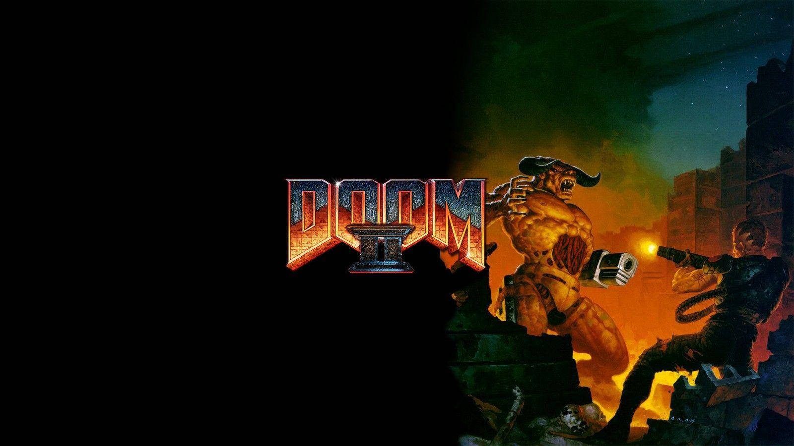 doom HD 桌布 壁紙 — 一個火熱的惡魔戰士在星空下的廢墟城市景觀中撲向一名士兵，Doom II 標誌閃耀著光芒。