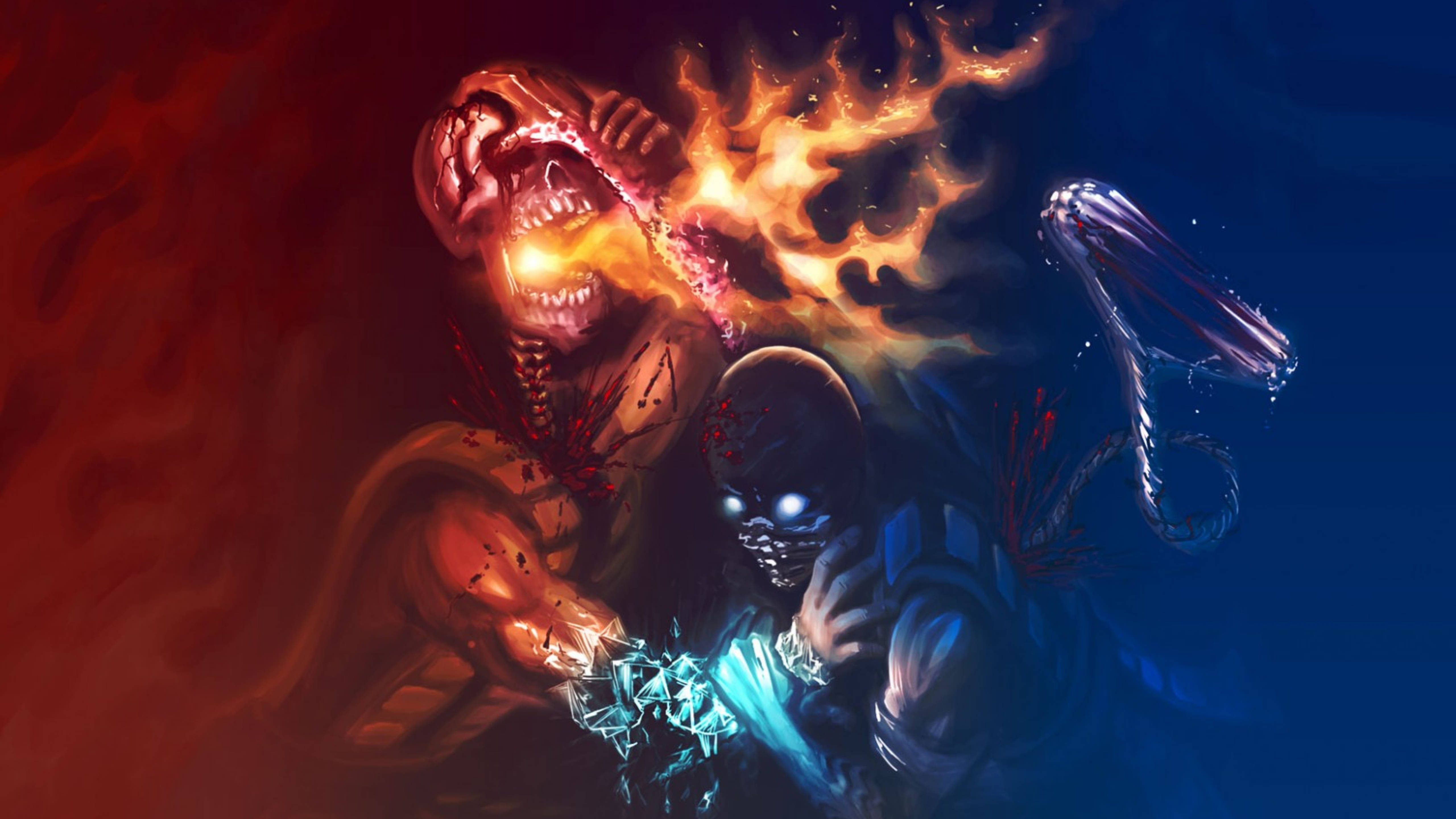 mortal kombat scorpion vs sub zero 桌布 壁紙 — 一個火熱的惡魔生物在戰鬥中對抗一個揮舞著發光武器的藍色裝甲戰士，發出咆哮。