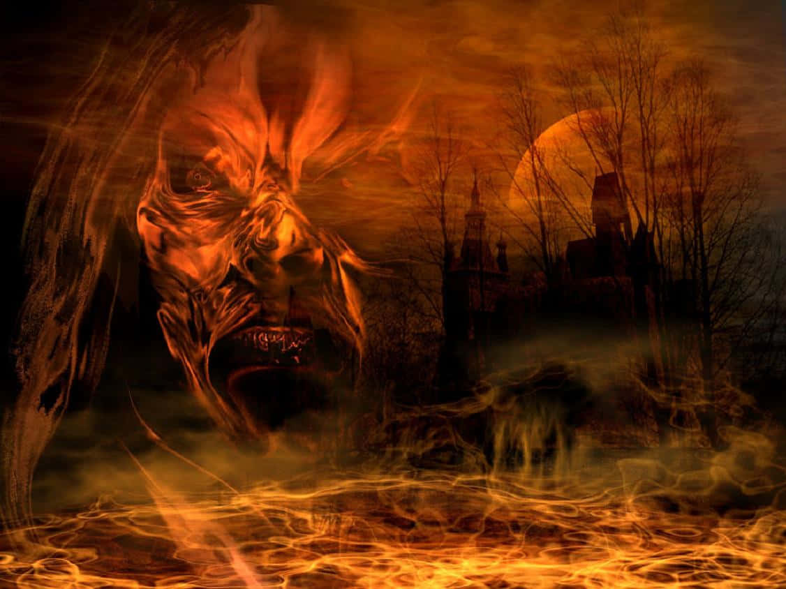 Fiery 桌布 壁紙 — 一個火熱的惡魔面孔從熾熱的橙色火焰中浮現，背景是一座鬧鬼的城堡，上方是血紅色的月亮。