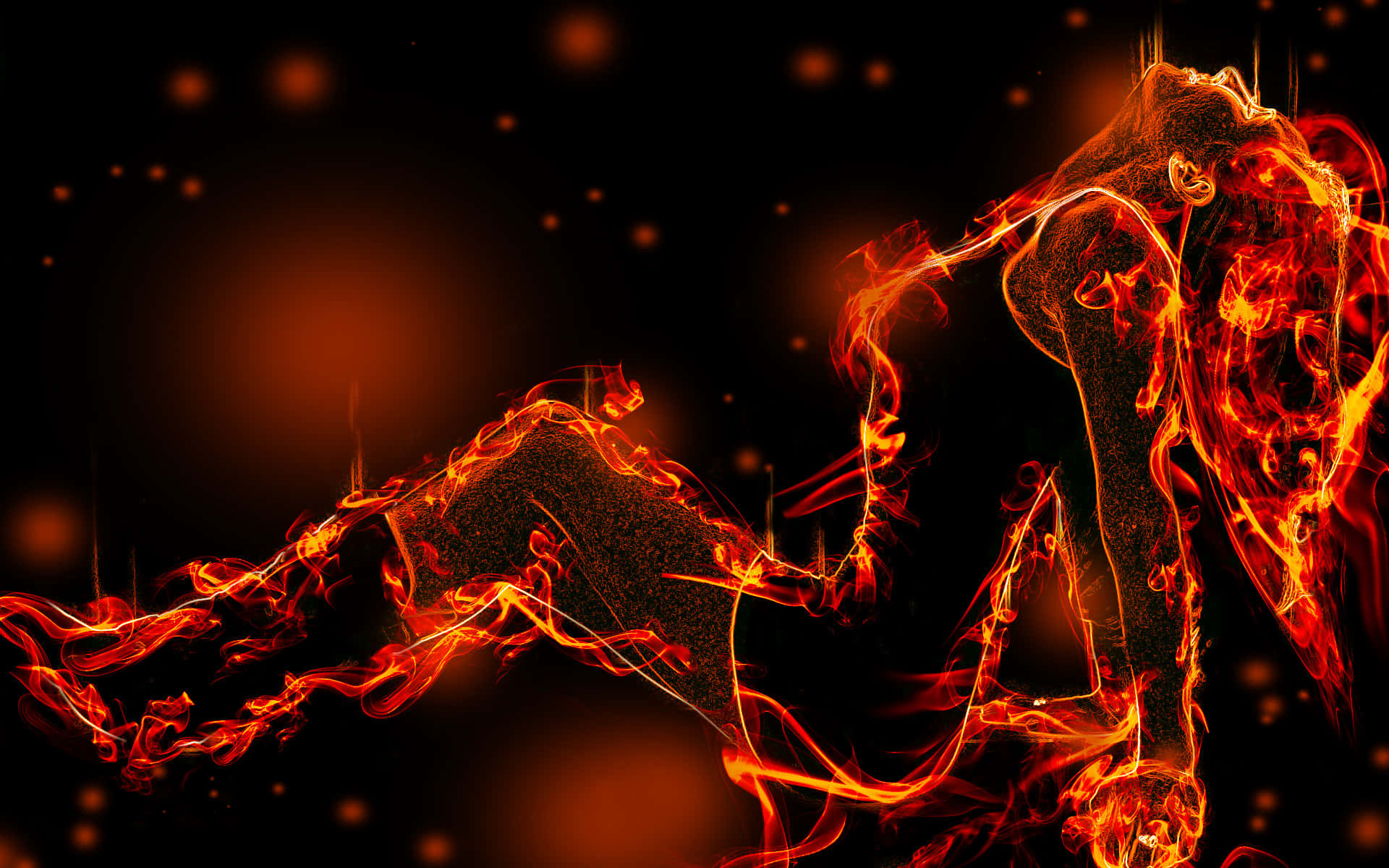 3d Fire 桌布 壁紙 — 一個火熱的抽象人形在黑暗背景中散發著鮮豔的橙色和紅色火焰，並伴有發光的球體。