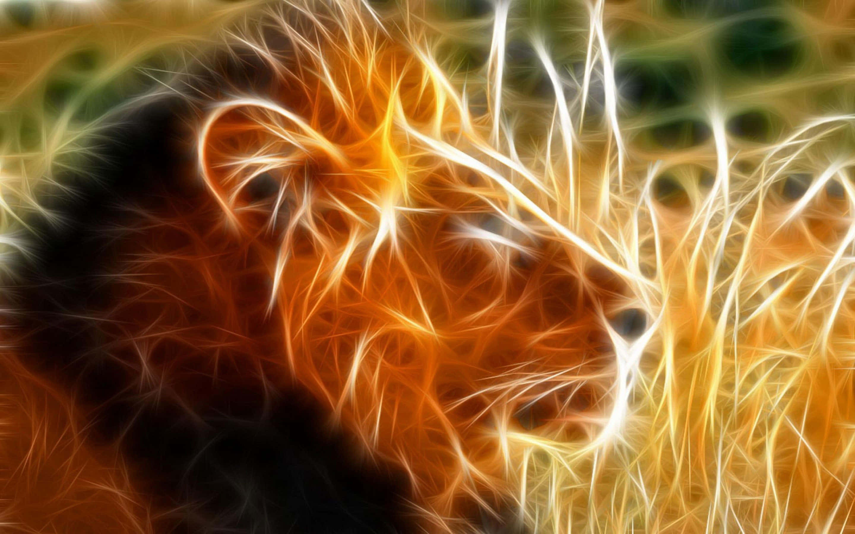 3d Animal 桌布 壁紙 — 一個火熱的抽象數位藝術獅子頭，帶有發光的橙色和白色碎形線條，背景為模糊的綠色。