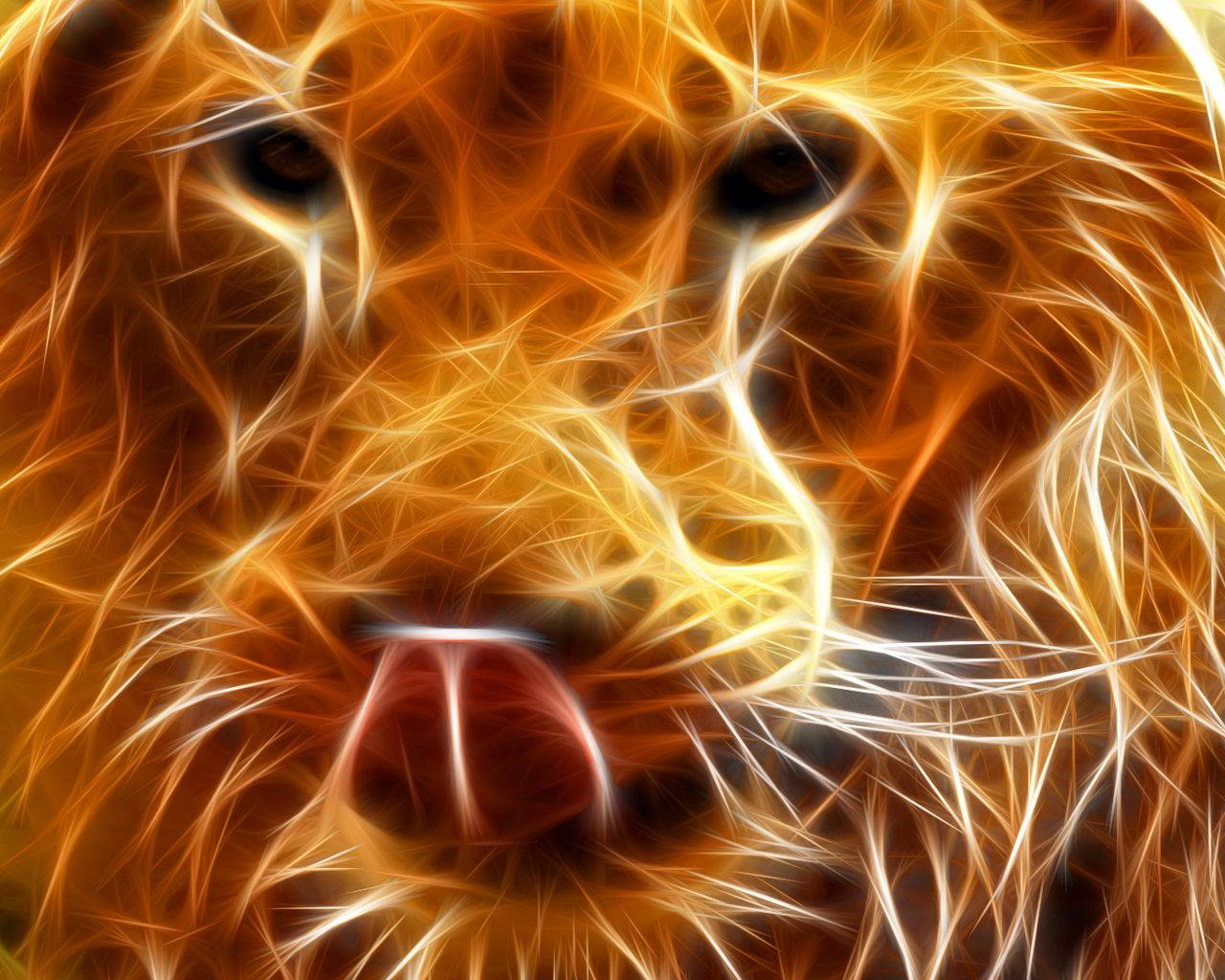 Lion Head 桌布 壁紙 — 一個火熱的抽象獅子面孔，帶有從眼睛和鼻子散發出的發光橙色和黃色分形線條。