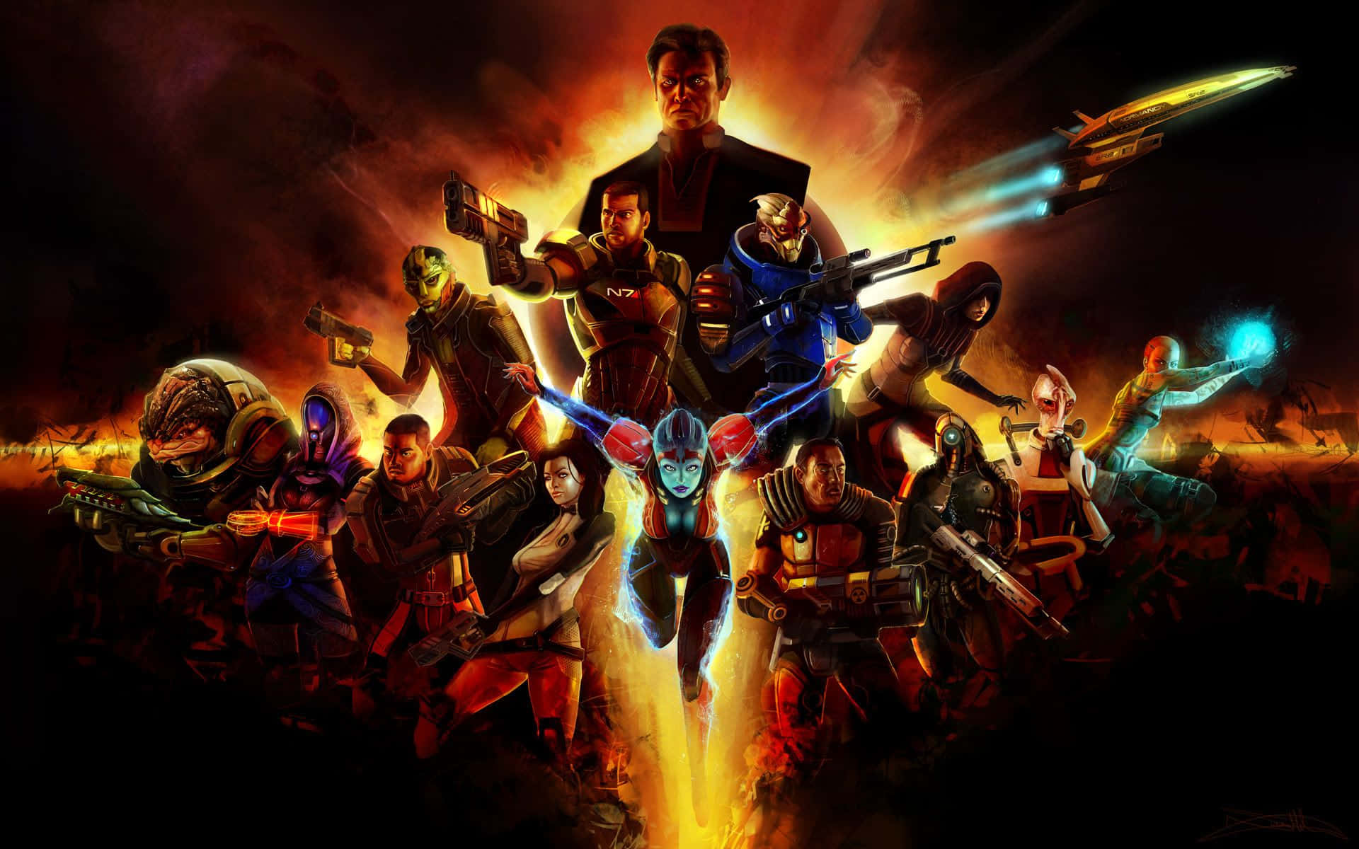 Xbox Games 桌布 壁紙 — 一個火熱的數位藝術組合，包含多種科幻角色，在煙霧瀰漫的宇宙背景下揮舞發光武器。