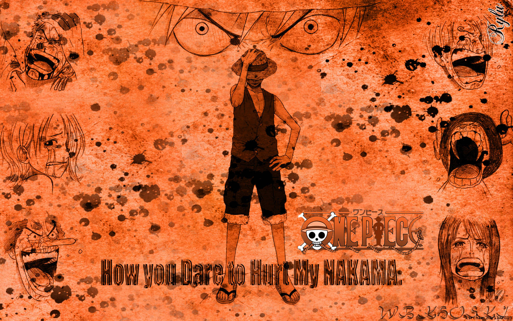 來自《One Piece》的魯夫被尖叫的面孔包圍，背景為橙色潑濺效果。 — 蒙其·D·魯夫 壁紙