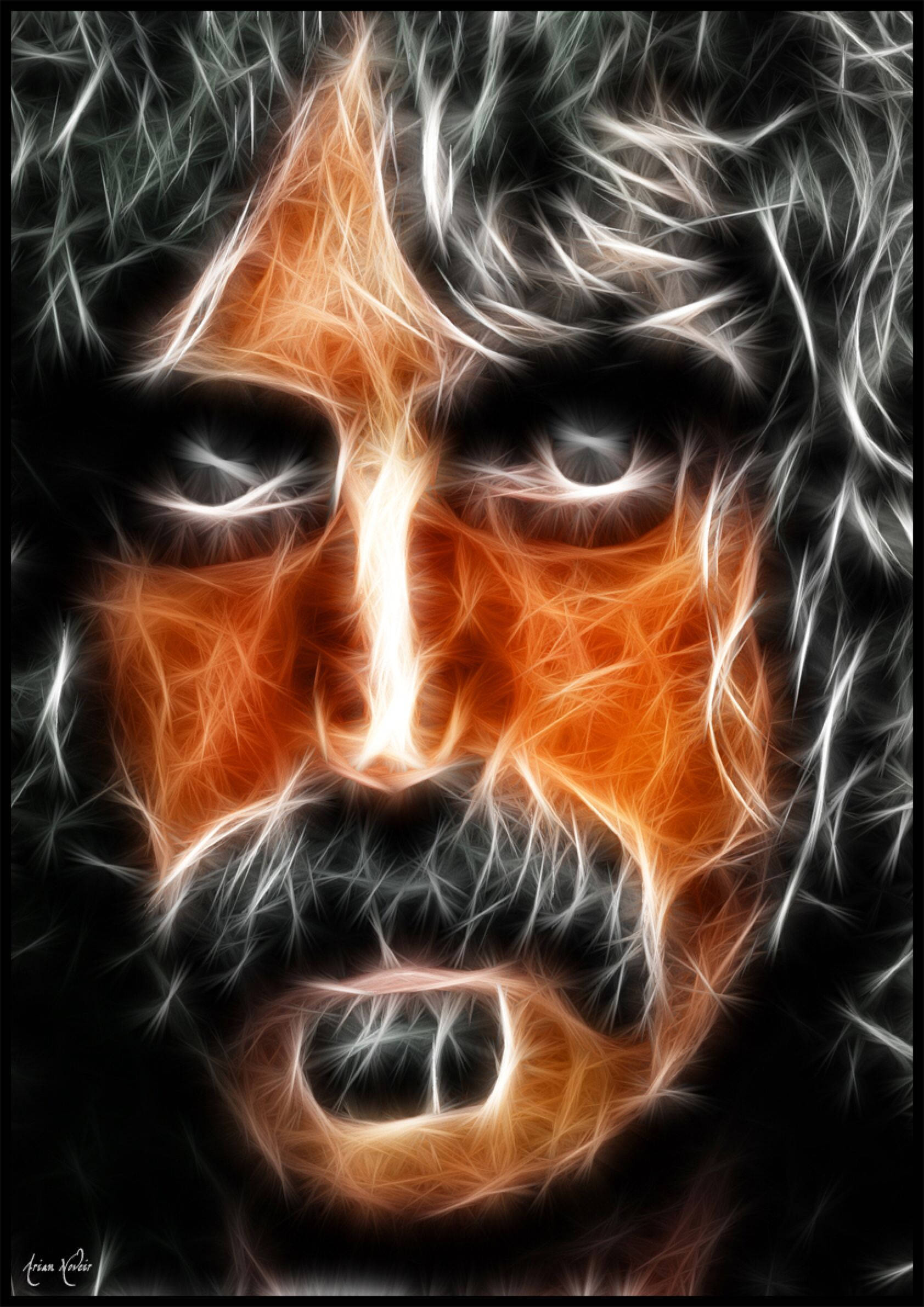 Zappa 桌布 壁紙 — 一個火熱的橙色和白色碎形肖像，男人的臉在黑暗背景中帶有發光的眼睛和鬍鬚。
