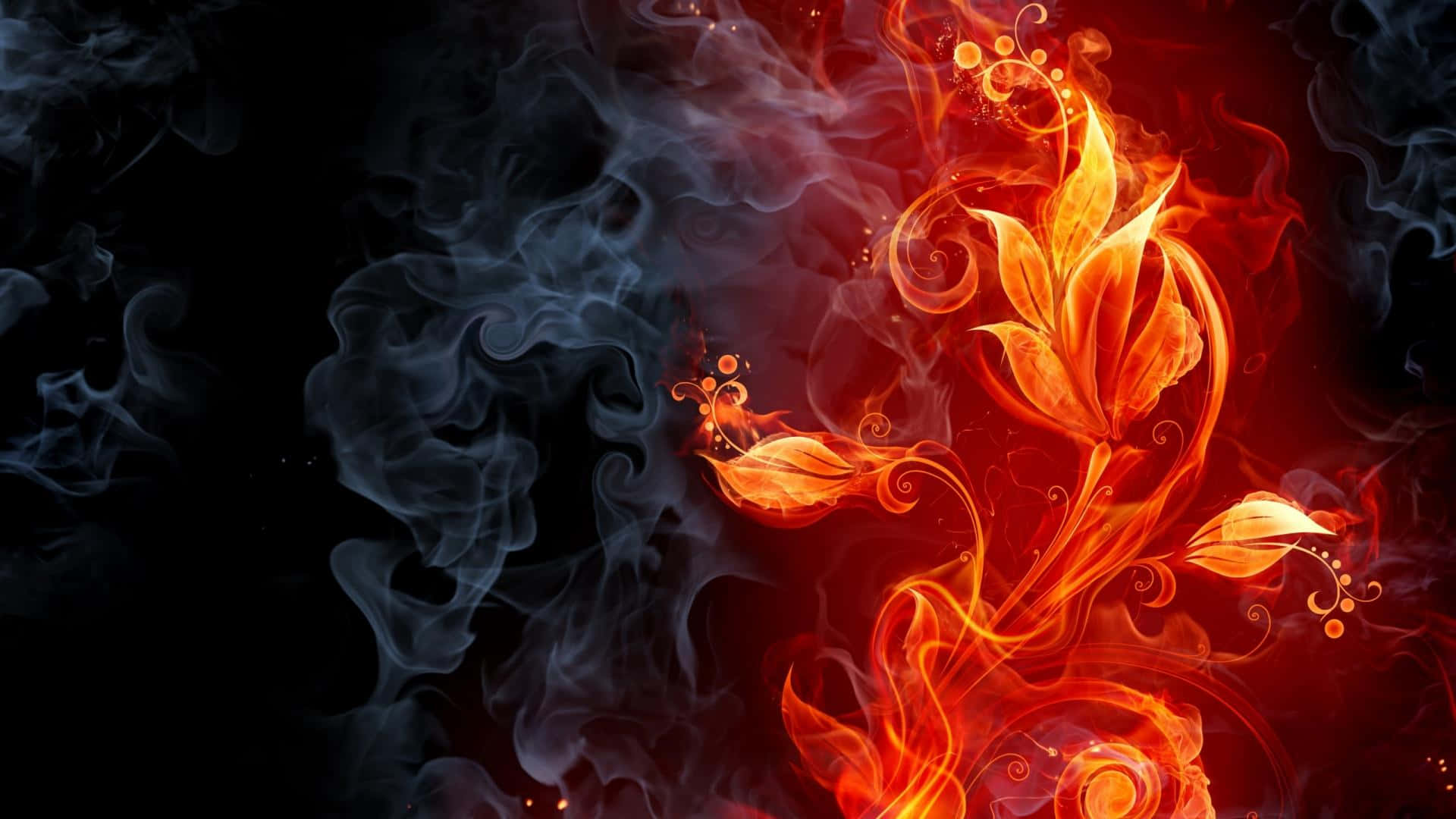 Flame 桌布 壁紙 — 一個火熱的橙色和紅色花卉圖案從旋轉的煙霧中浮現，背景為深色。