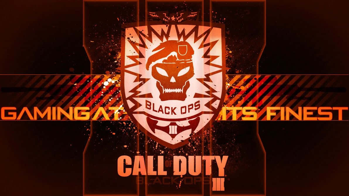 Call Of Duty Black Ops 桌布 壁紙 — 一個火熱的橙色和黑色《Call of Duty Black Ops III》標誌，上面有一個戴著貝雷帽的骷髏頭，以及從盾牌中迸發出的鋸齒狀光線。
