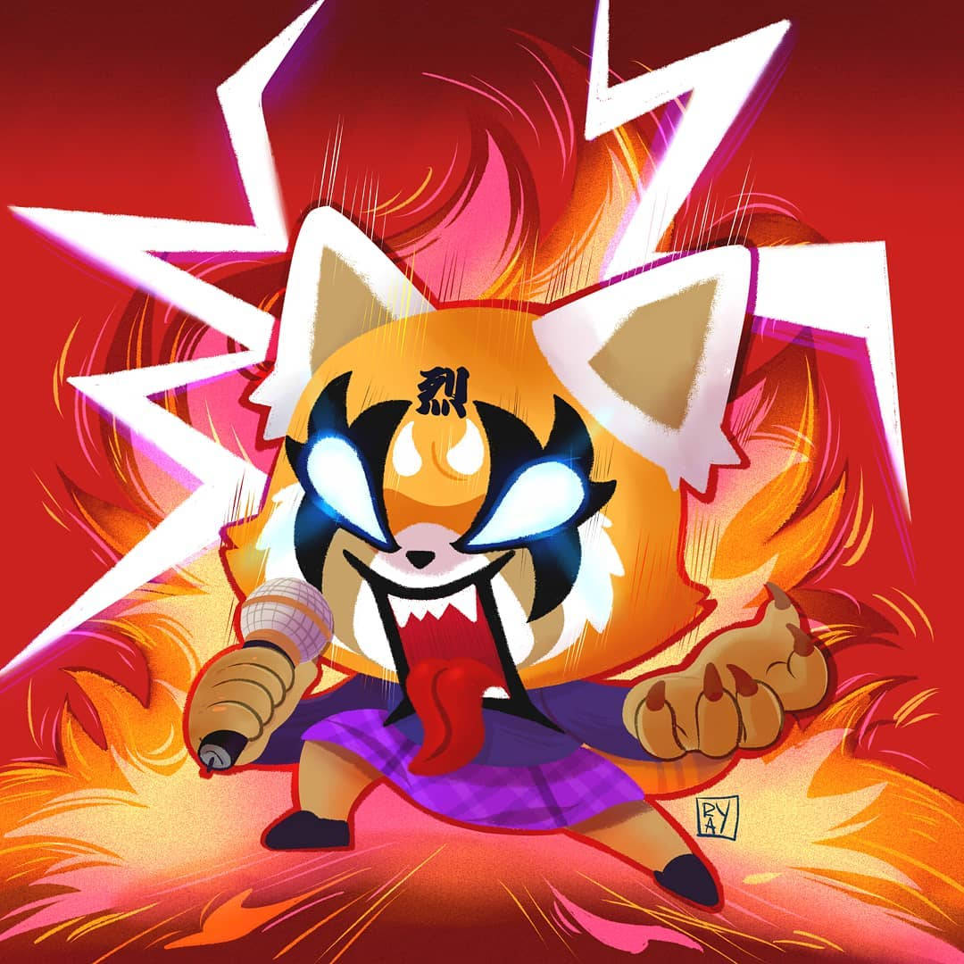 Aggretsuko 桌布 壁紙 — 一個火熱的狐狸動漫角色，發光的眼睛和麥克風，在紅色背景上咆哮，帶有爆炸性能量線條。