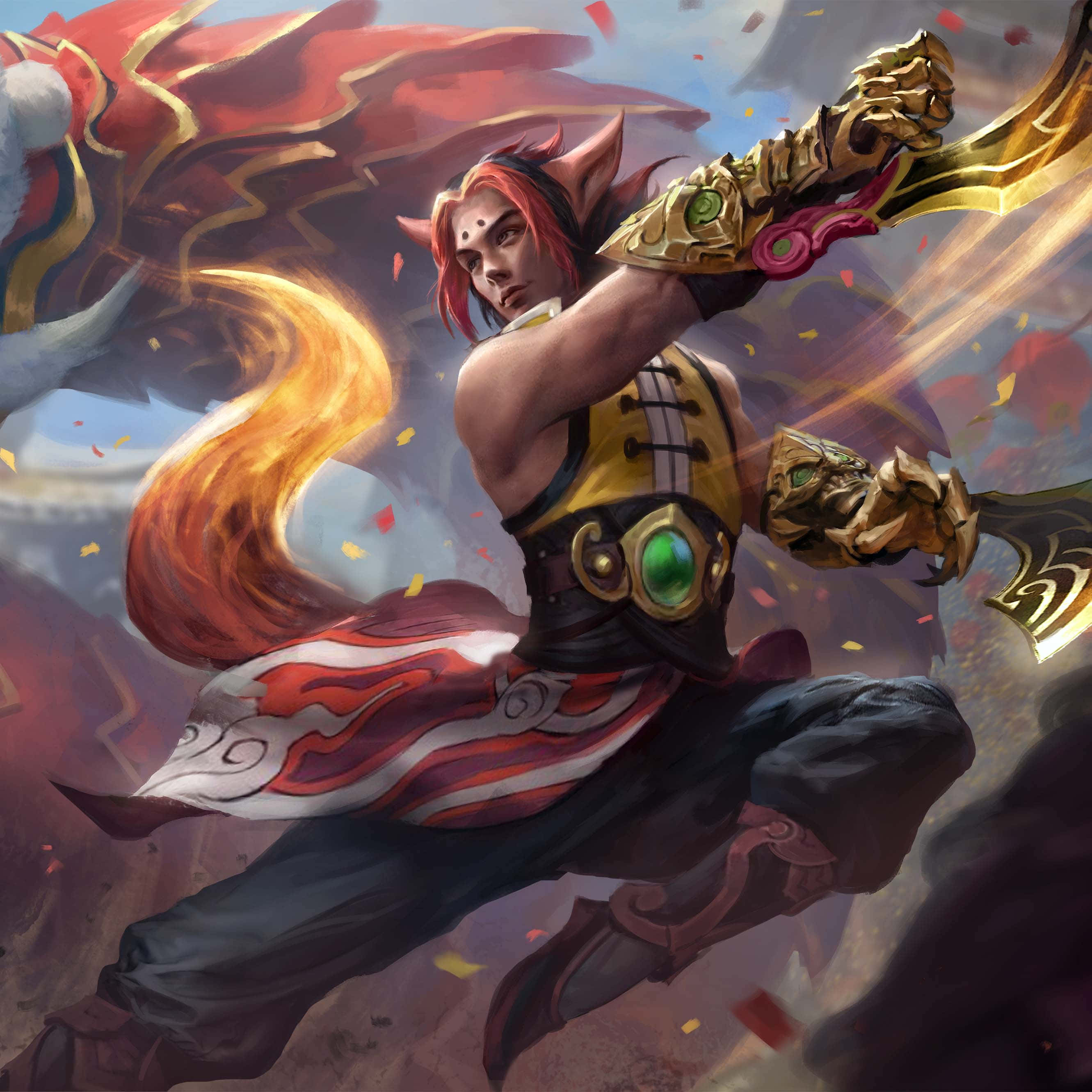 Vainglory 桌布 壁紙 — 一個火熱的狐耳戰士動態地跳躍，揮舞著發光的金色劍，周圍環繞著旋轉的紅色和橙色能量。