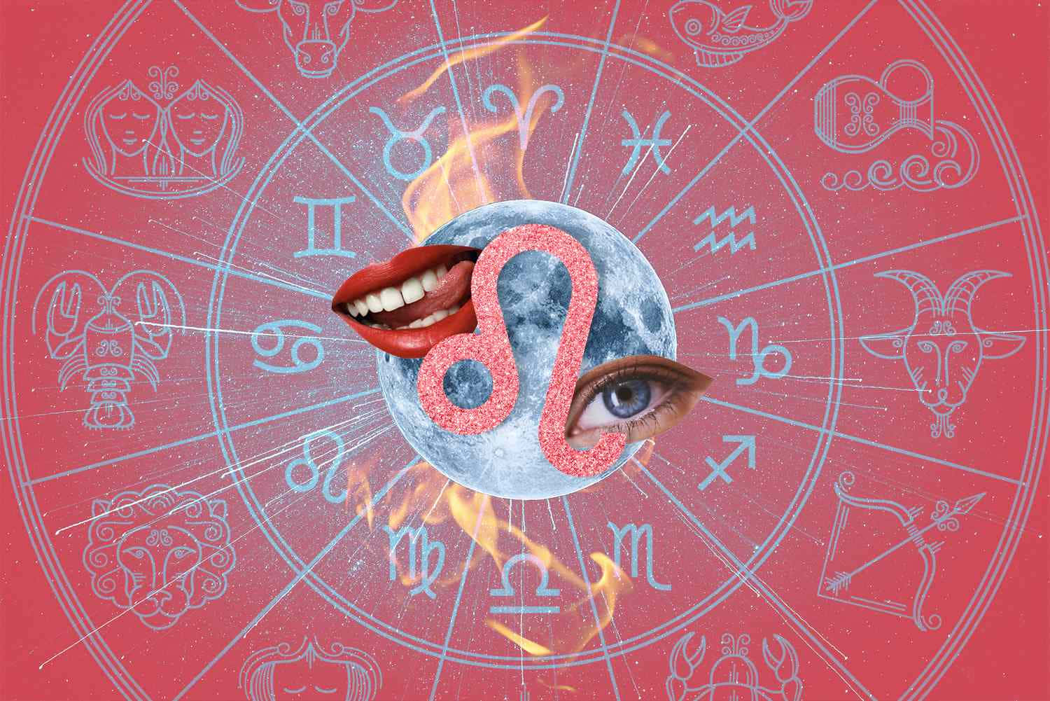 Zodiac Sign 桌布 壁紙 — 一個火熱的獅子座星座符號從一個有嘴唇和眼睛的月亮中浮現，背景是紅色的占星輪。