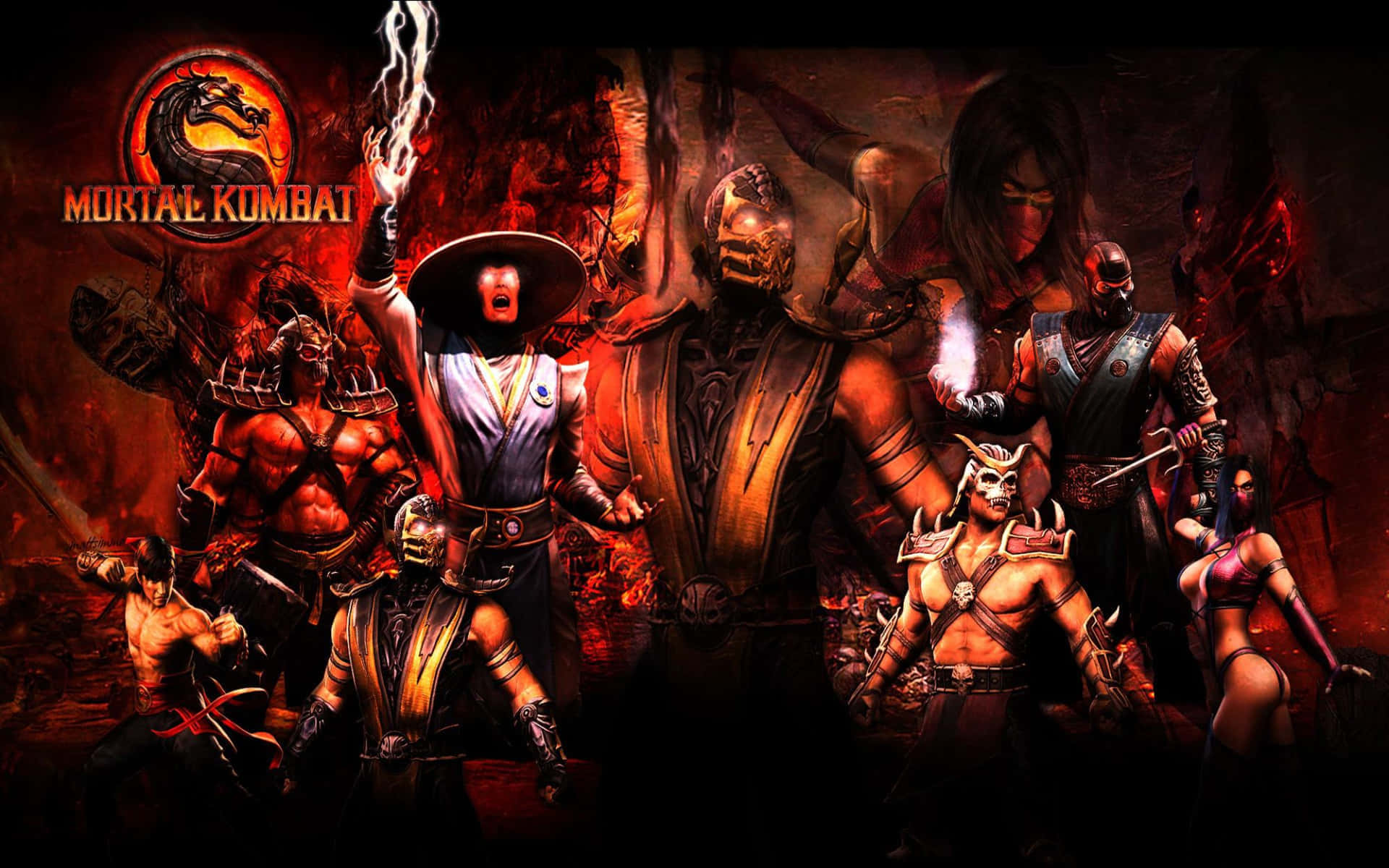 Mortal Kombat Legacy 桌布 壁紙 — 一個火熱的真人快打場景，戰士們在深紅色背景前擺出戰鬥姿勢。