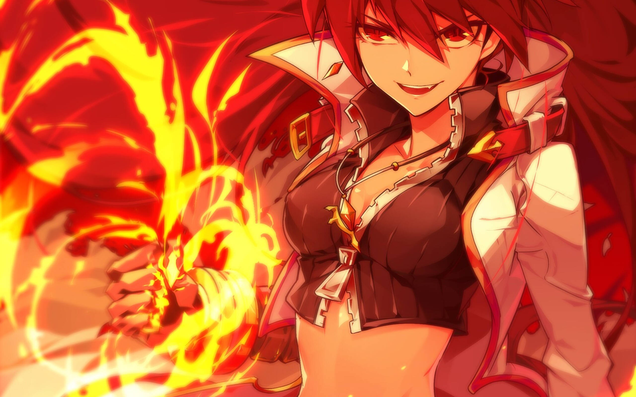 Fire Anime 桌布 壁紙 — 一個火熱的紅髮動漫女孩在紅色背景前以動態戰鬥姿勢揮舞著熾熱的火焰。