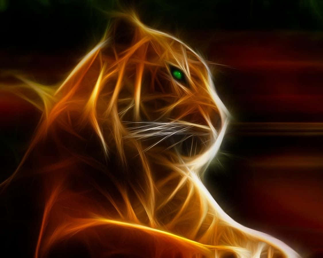 Neon Animals 桌布 壁紙 — 一個火熱的老虎頭，以發光的橙色和白色分形線條呈現，單一銳利的綠色眼睛，背景為深紅色。