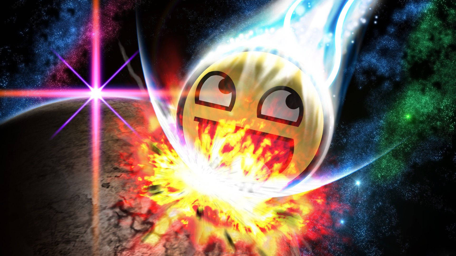 超讚 桌布 壁紙 — 一個火熱的表情符號睜大眼睛，在宇宙爆炸和發光星雲中撞向行星。
