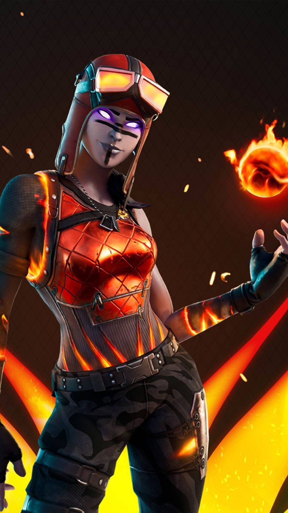 電玩遊戲 桌布 壁紙 — 一個火熱的裝甲Fortnite角色，擁有發光的紫色眼睛和從手中噴出的橙色火焰，背景為黑暗。