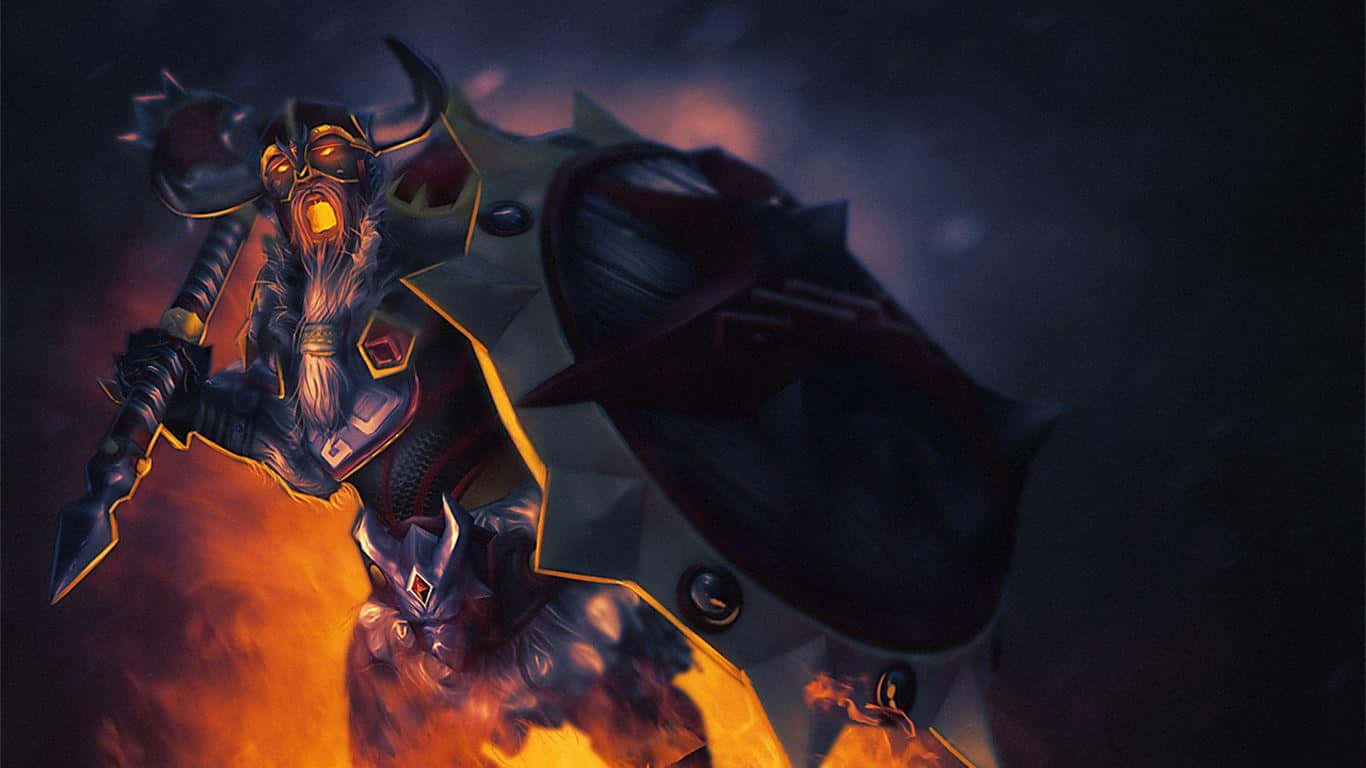 Anti-mage 桌布 壁紙 — 一個火熱的裝甲戰士，眼睛發光，戴著角盔，在黑暗煙霧繚繞的背景中向前衝鋒。