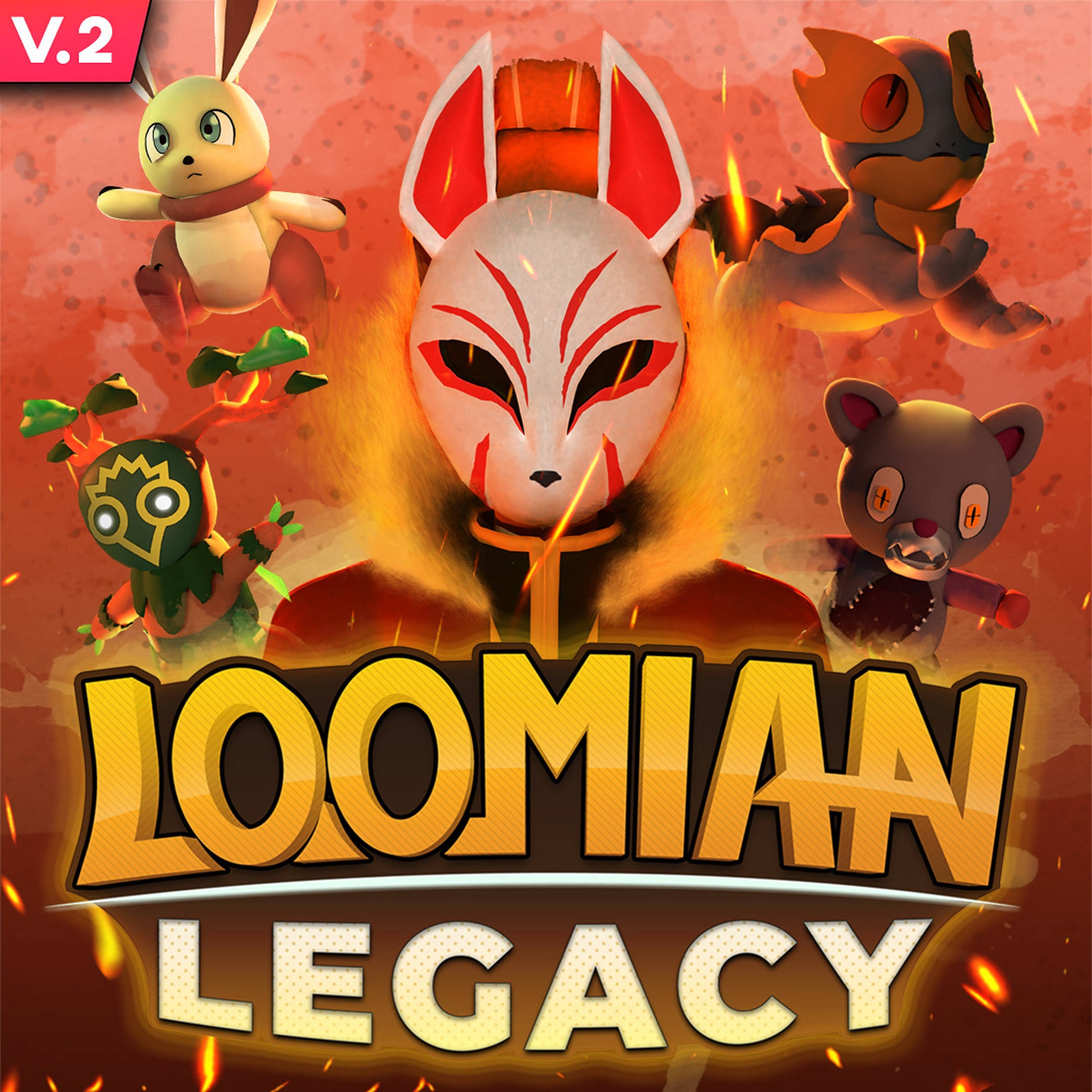 loomian legacy 桌布 壁紙 — 一個火熱的遊戲封面，狐狸面具被四個卡通生物包圍，背景是發光的橙色。