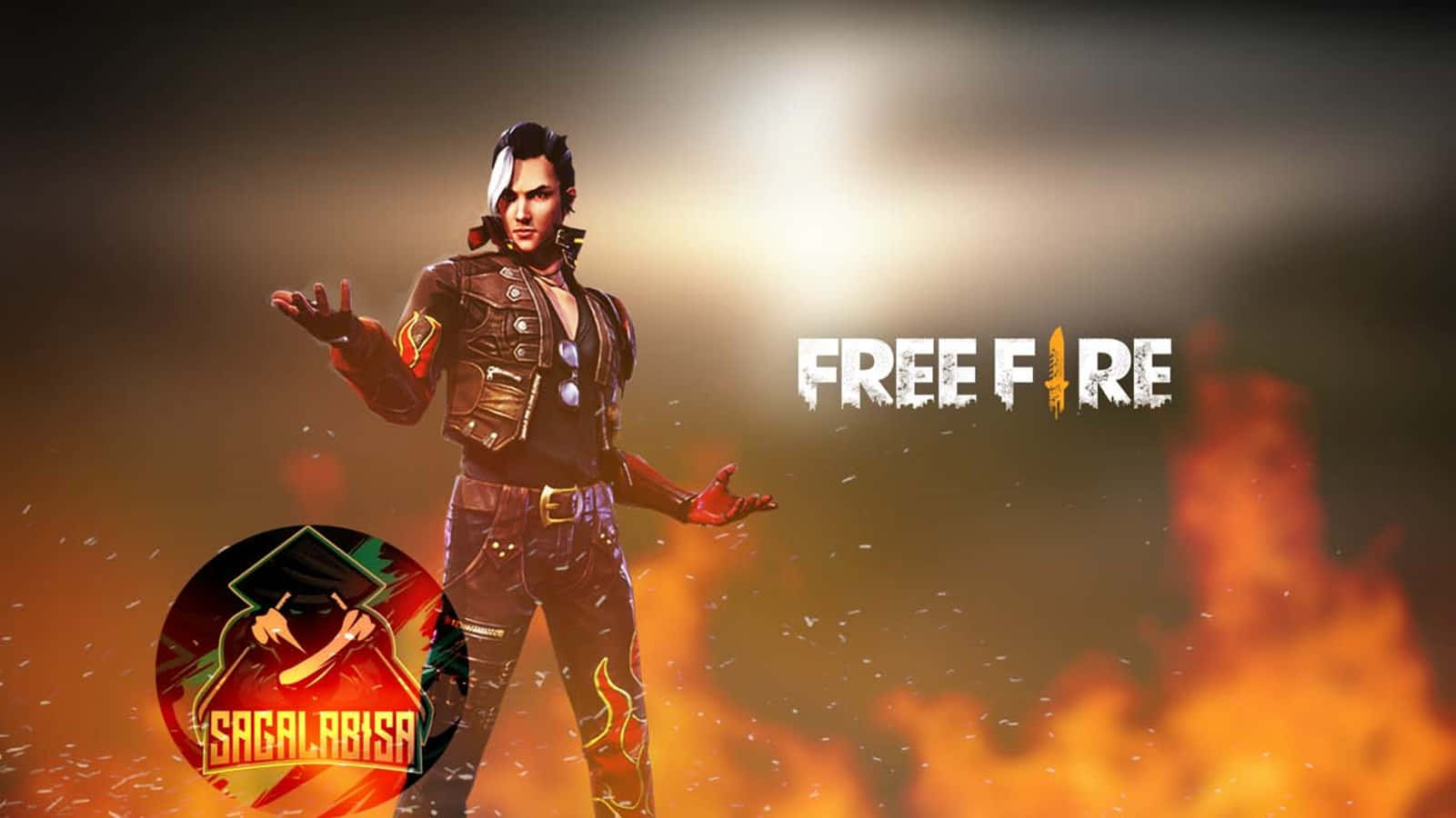 free fire 4K 桌布 壁紙 — 一個火熱的遊戲角色穿著皮革裝備，站在熾熱的橙色背景前，帶有「FREE FIRE」文字。
