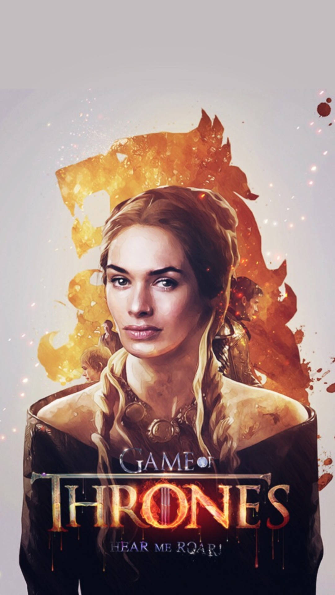 cersei lannister 桌布 壁紙 — 一個火熱的金色龍剪影聳立於一位中世紀服飾的貴族女性身後，下方有權力遊戲標誌。