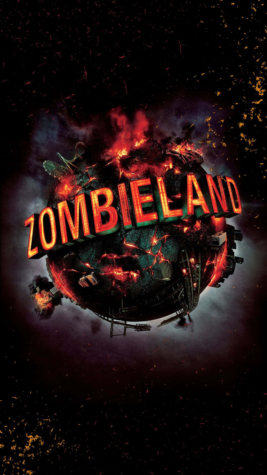 殭屍動圖 桌布 壁紙 — 一個火球，上面有標題「ZOMBIELAND」，在黑暗的宇宙背景下爆發火焰和碎片。