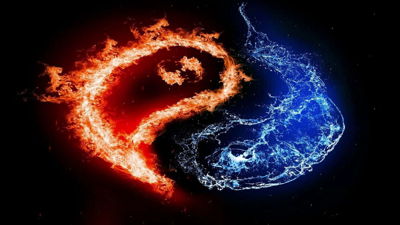 Yin Yang 4K 桌布 壁紙 — 一個火紅和冰藍的陰陽符號在繁星點點的黑色虛空中動態旋轉。