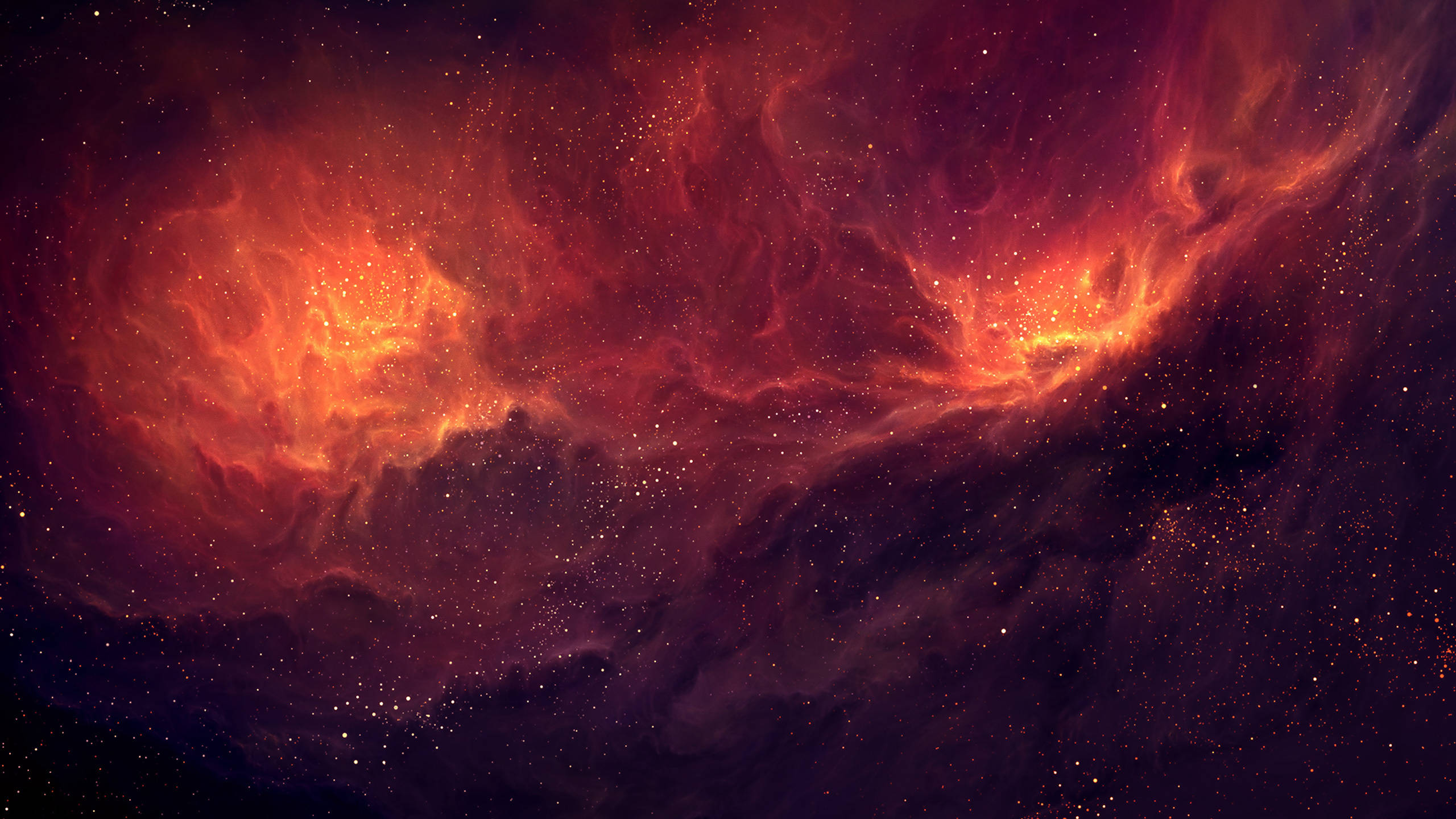 太空 桌布 壁紙 — 一個火紅和橙色的星雲在黑暗的宇宙背景下，與發光的氣體和散落的星星一起旋轉。