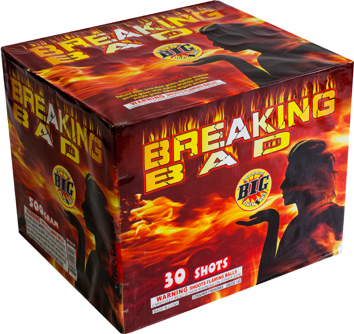 絕命毒師 桌布 壁紙 — 一個火紅和橙色的煙火盒，品牌為「Breaking Bad」，帶有角色剪影，背景是火焰。
