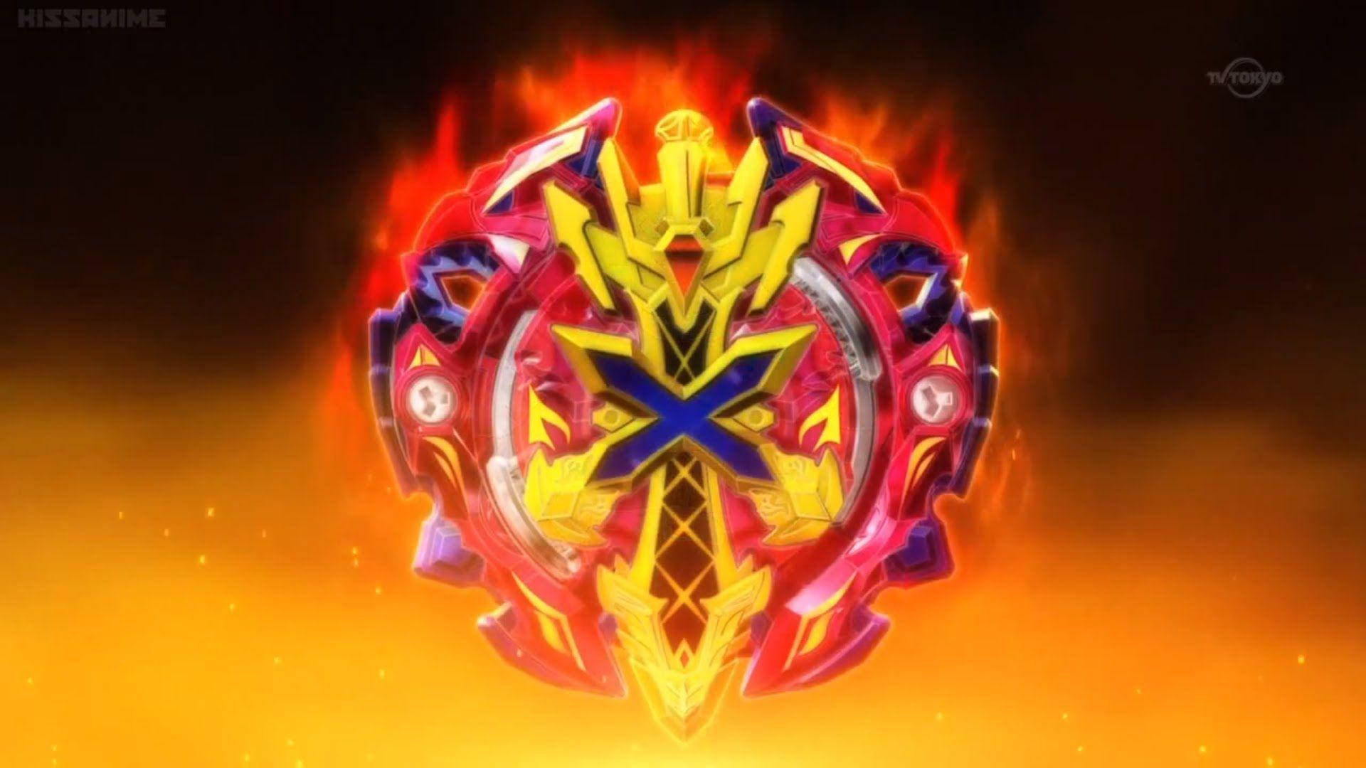 Burst 桌布 壁紙 — 一個火紅和金色的Beyblade在發光的橙色和黑色背景上猛烈旋轉。