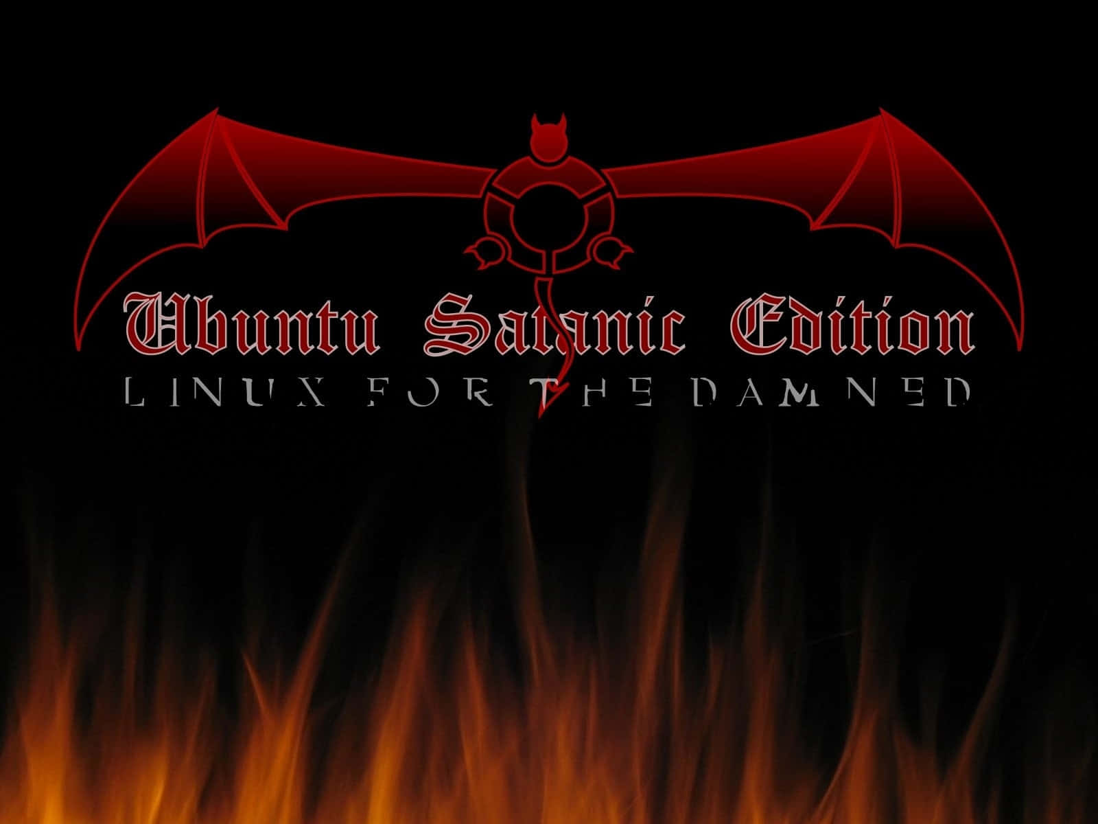 Linux 桌布 壁紙 — 一個火紅的蝙蝠翼標誌，帶有「Ubuntu Satanic Edition」文字，黑色背景底部有火焰。