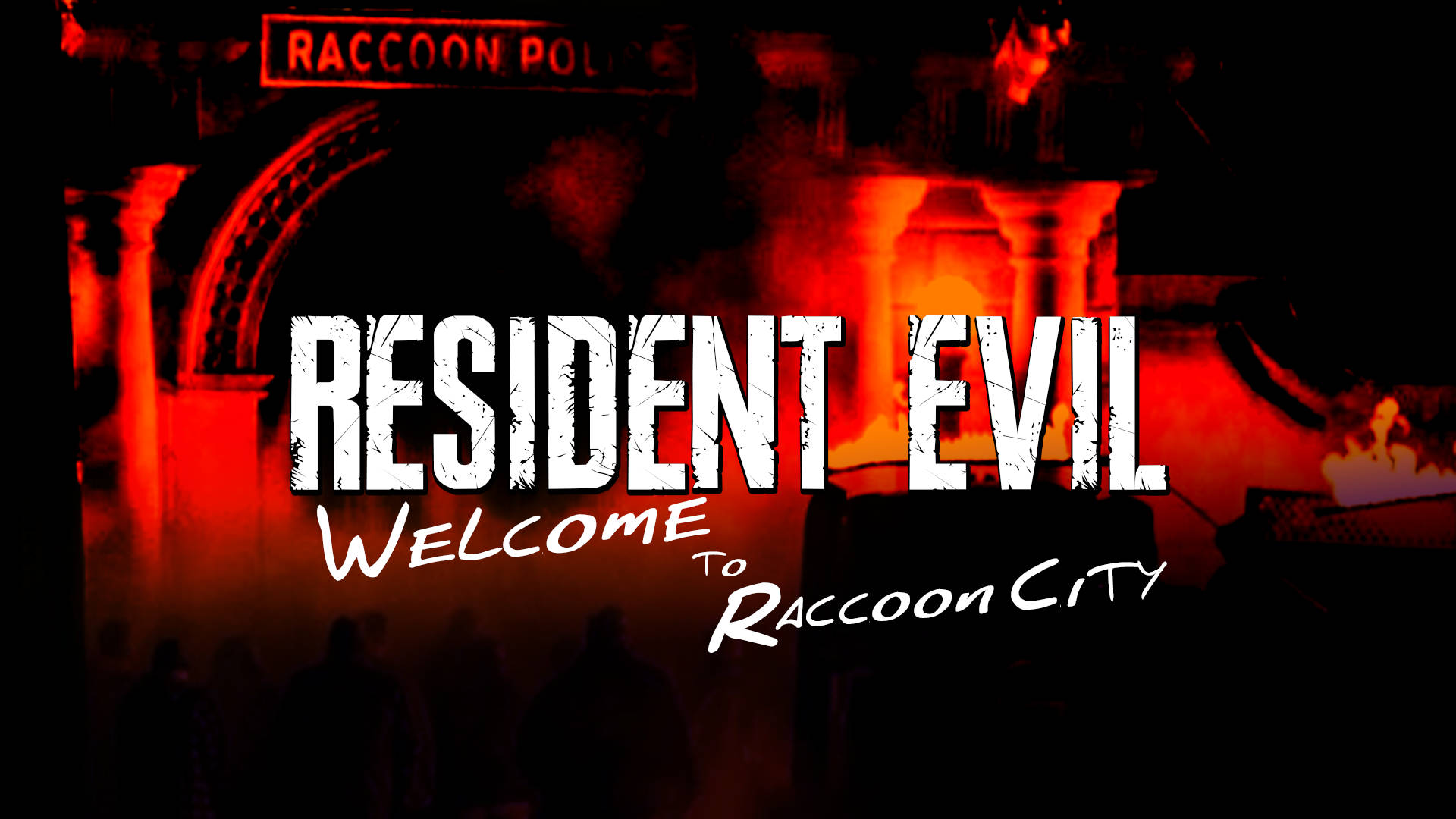 raccoon 桌布 壁紙 — 一個火紅的警察局入口，帶有 'Raccoon City' 和 'Resident Evil' 文字，在黑暗煙霧和剪影中發光。
