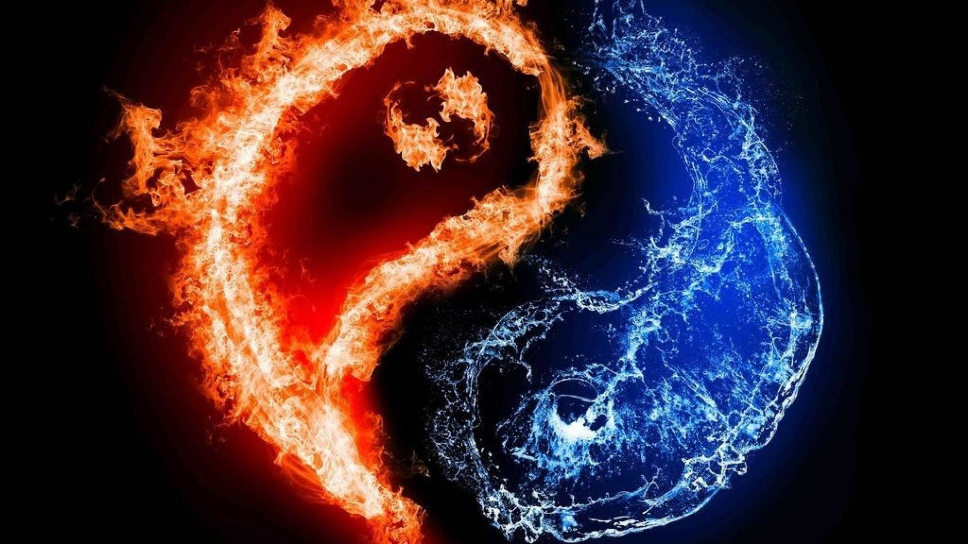 element 桌布 壁紙 — 一個火紅與冰藍的陰陽符號，在黑色虛空中與動態火焰和水流一同旋轉。