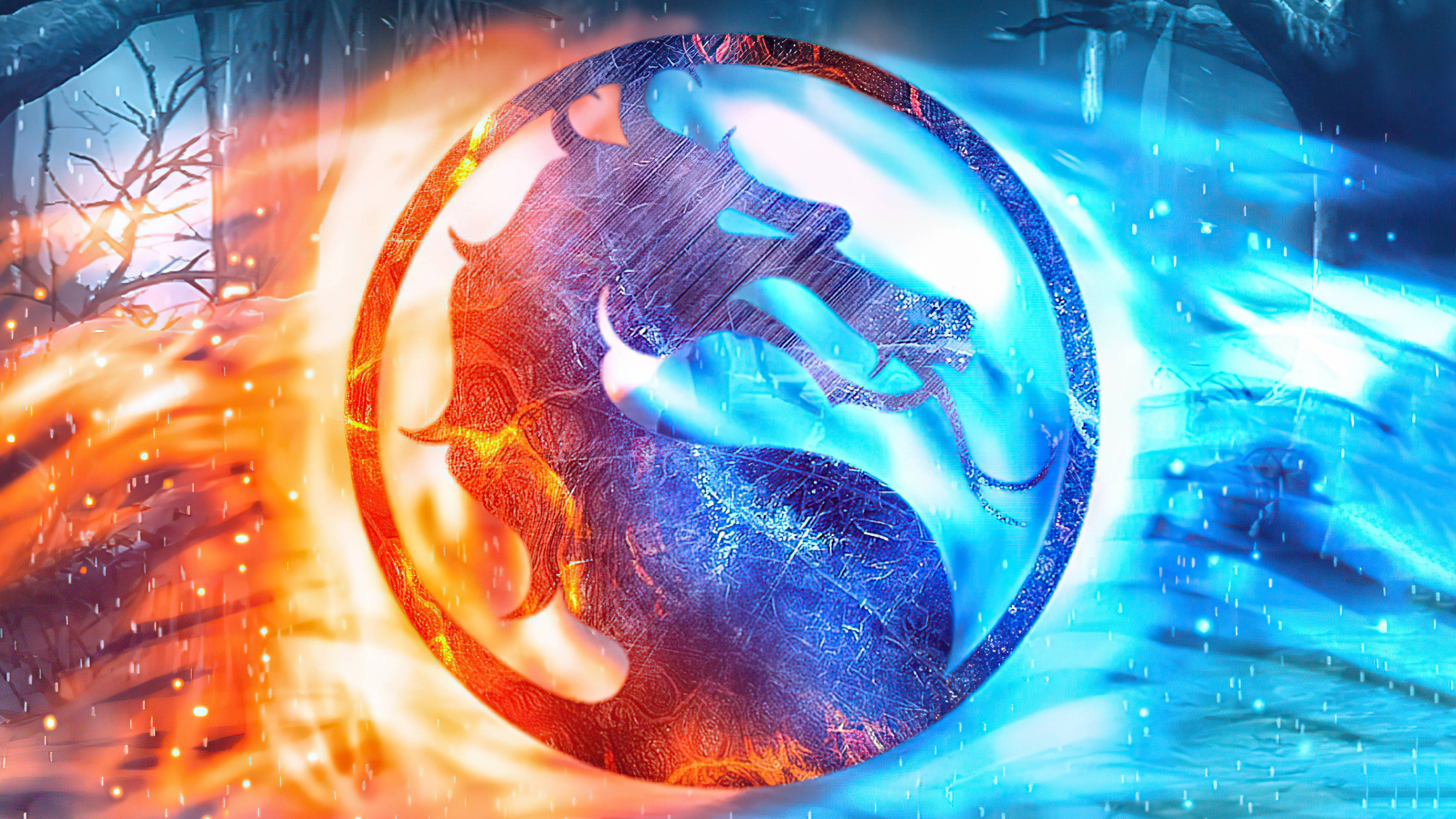 mortal kombat scorpion vs sub zero 桌布 壁紙 — 一個火紅與冰藍色的龍臉在發光球體中旋轉，背景是白雪覆蓋的森林。