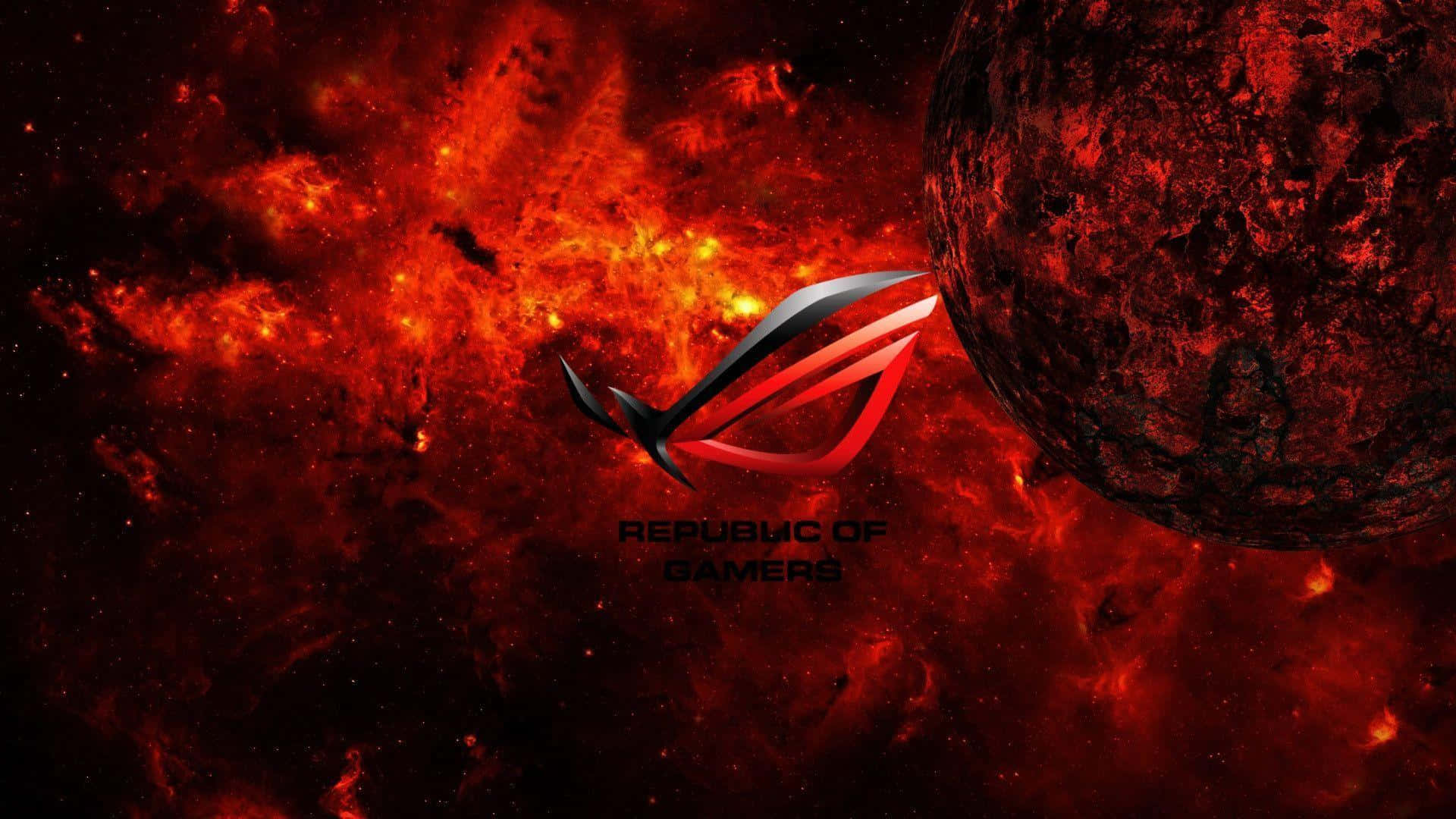 Red Gaming 桌布 壁紙 — 一個火紅與黑色的宇宙場景，Republic of Gamers 標誌位於星雲和行星前。