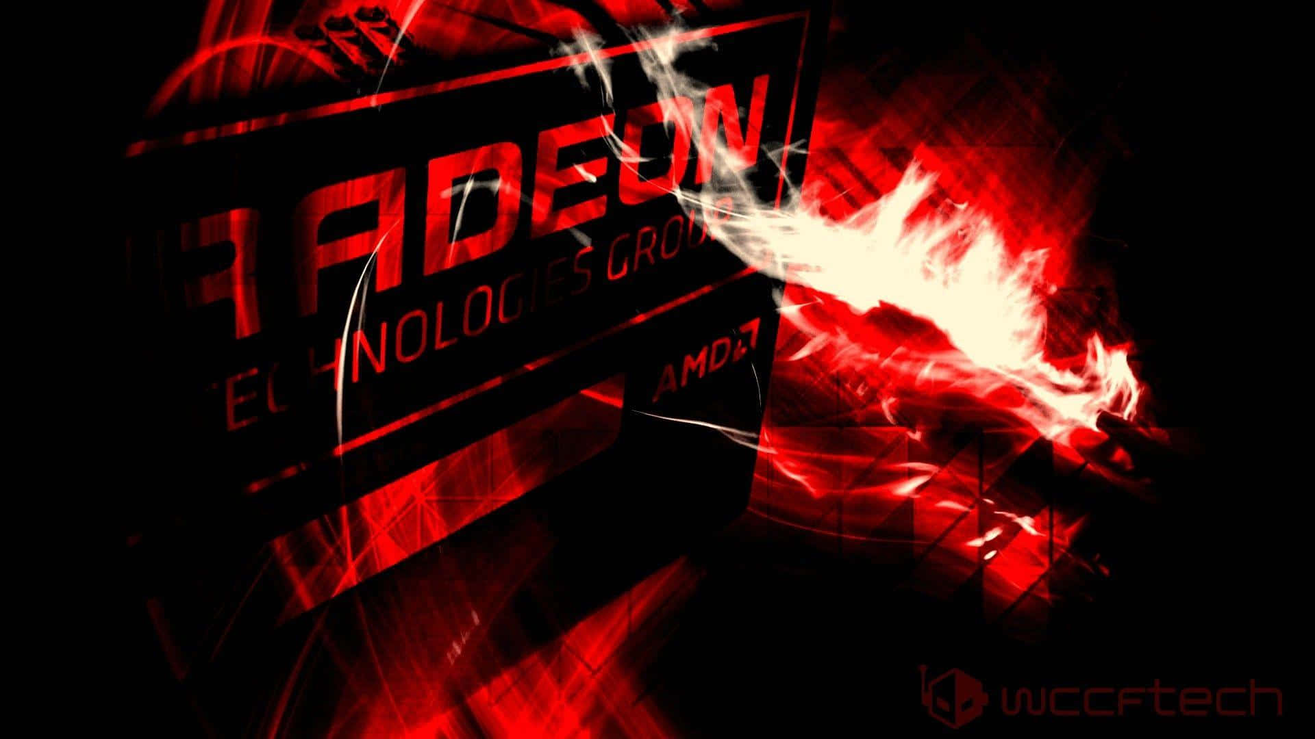 AMD 桌布 壁紙 — 一個火紅色的 Radeon Technologies Group 標誌在深色背景上散發能量。