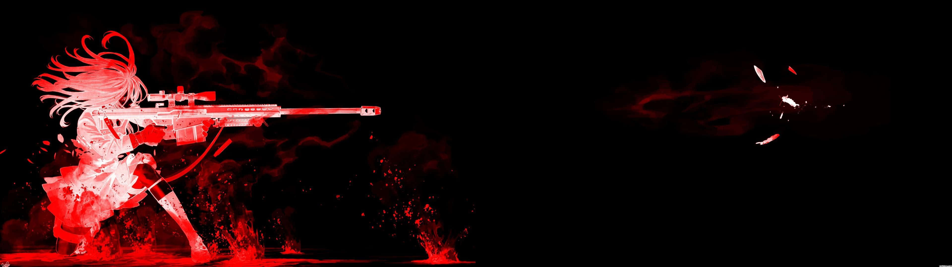 3840 X 1080 Anime HD 桌布 壁紙 — 一個火紅色的動漫女孩，飄逸的頭髮，在黑暗背景下瞄準狙擊步槍，帶有爆炸粒子。