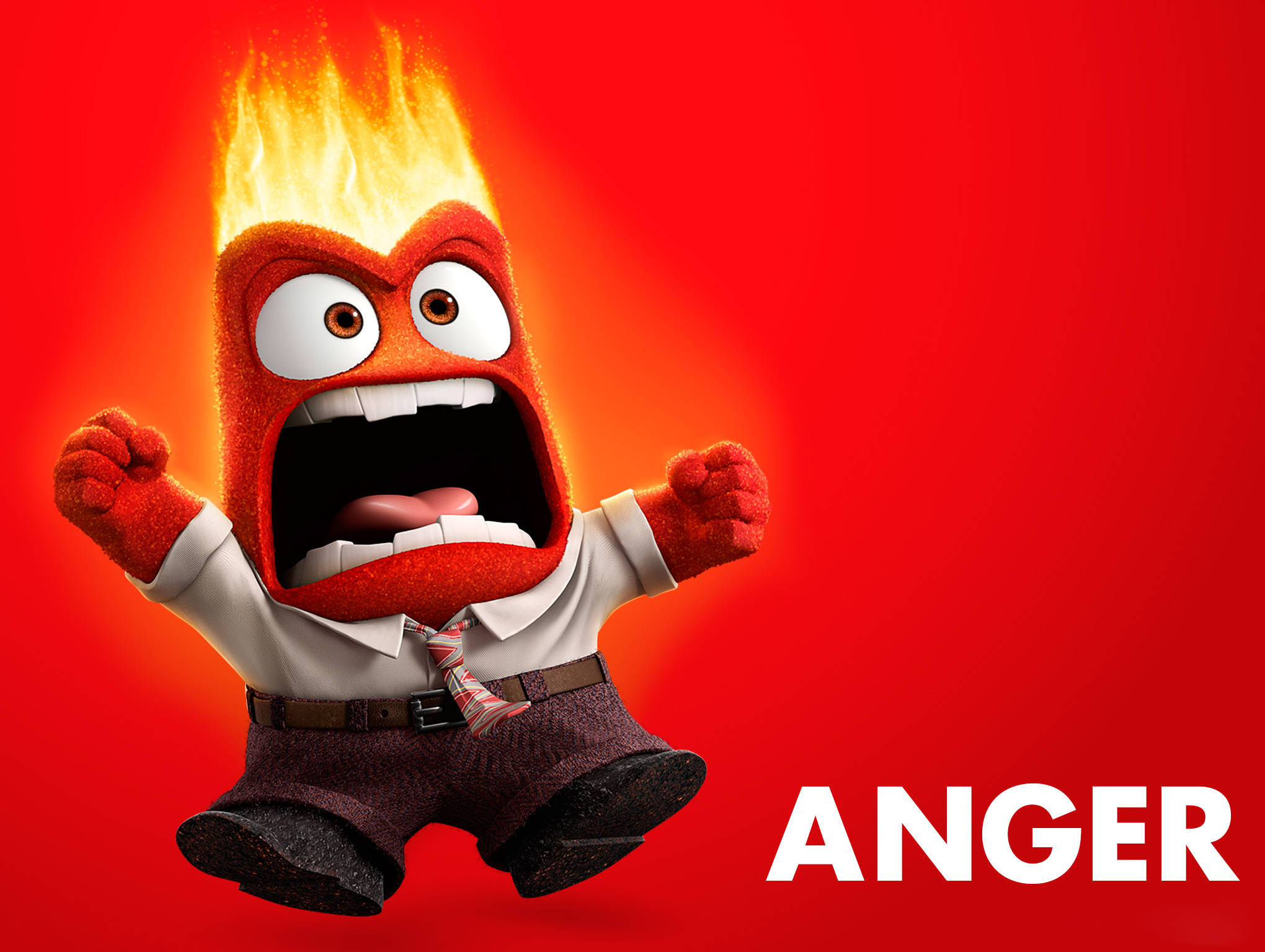 anger 桌布 壁紙 — 一個火紅色的動畫角色，頭上有火焰，拳頭緊握，對著純紅色背景上的 ANGER 字樣尖叫。