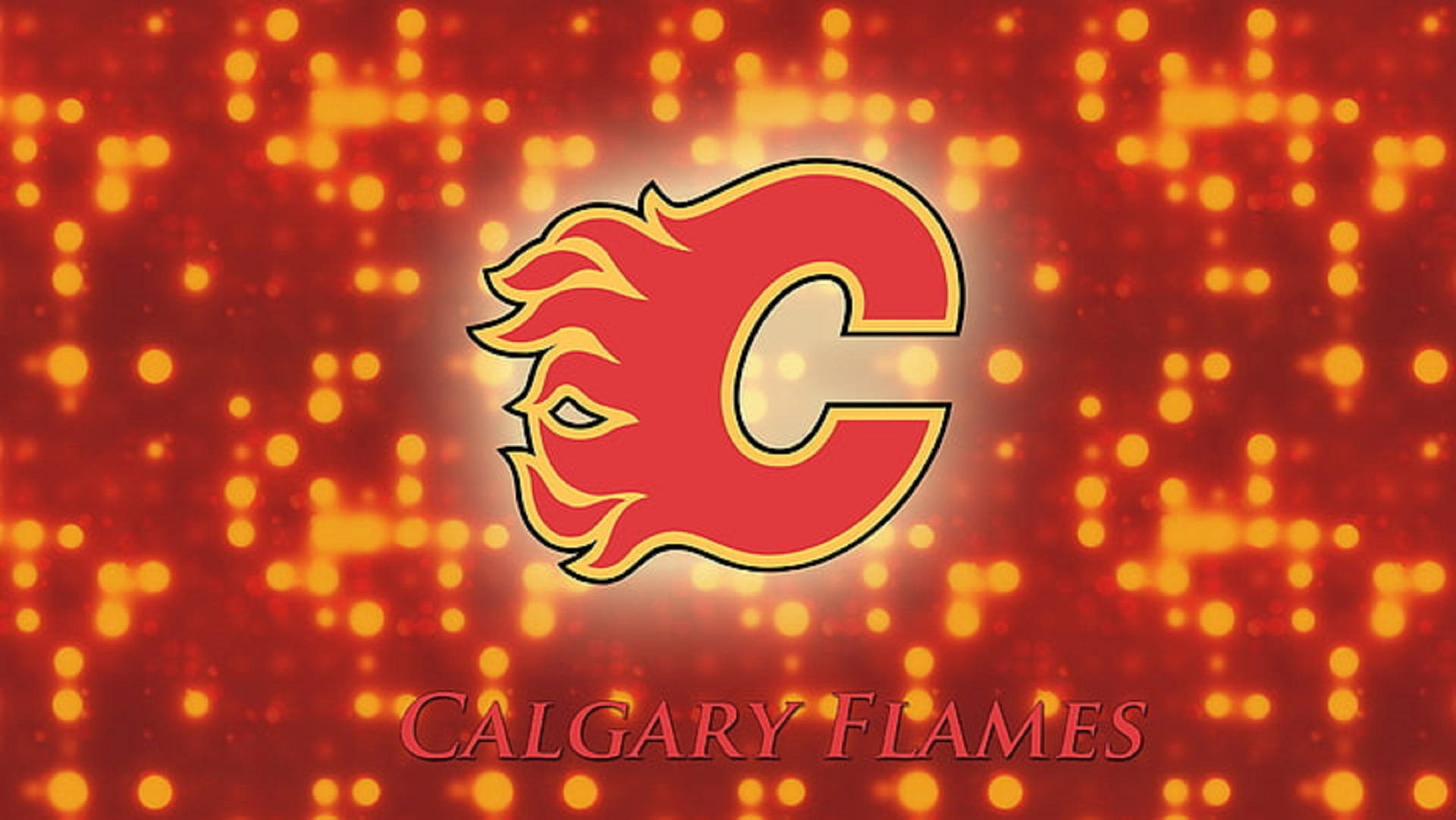 Flames 桌布 壁紙 — 一個火紅色的卡加利火焰隊標誌在閃爍的橙色背景上發光，帶有散景燈光。