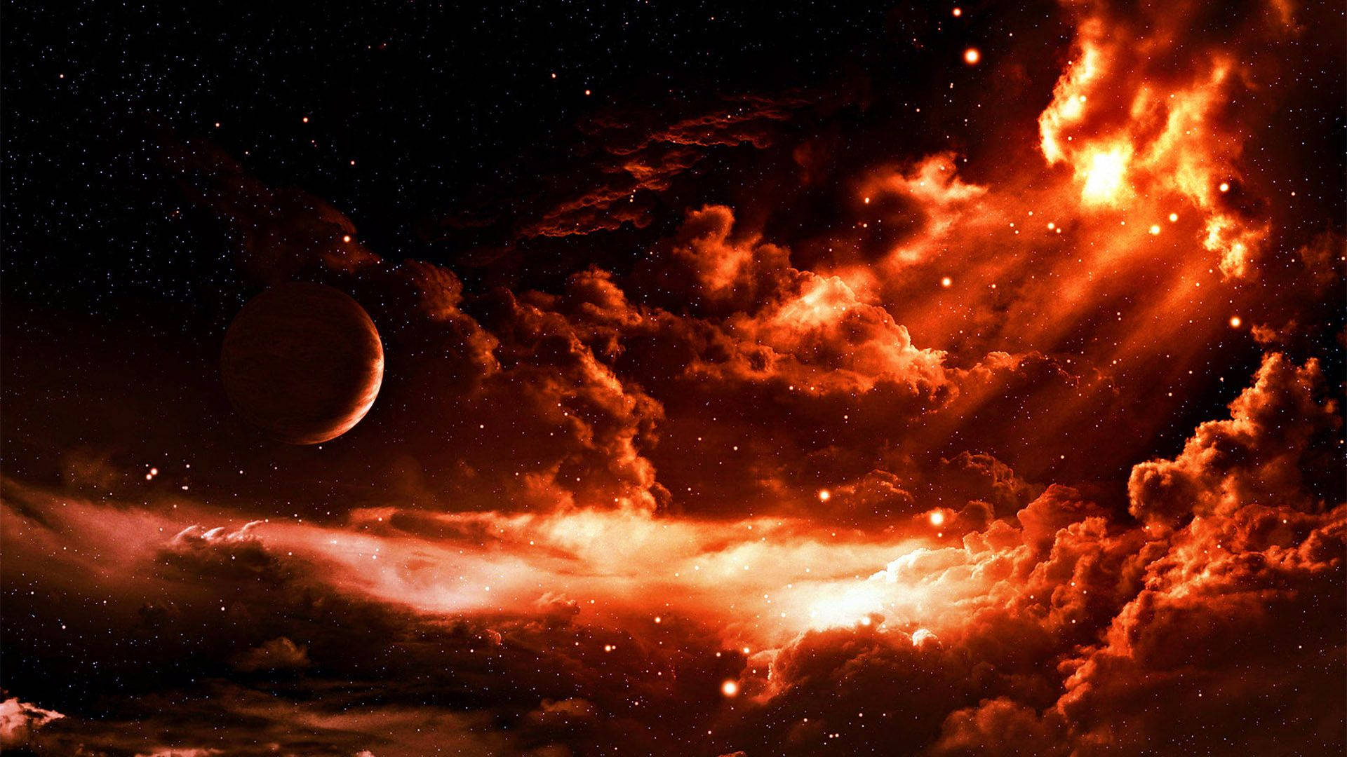 月亮與星星 桌布 壁紙 — 一個火紅色的星雲，帶著發光的雲層和一顆行星，漂浮在繁星點點的宇宙空間中。