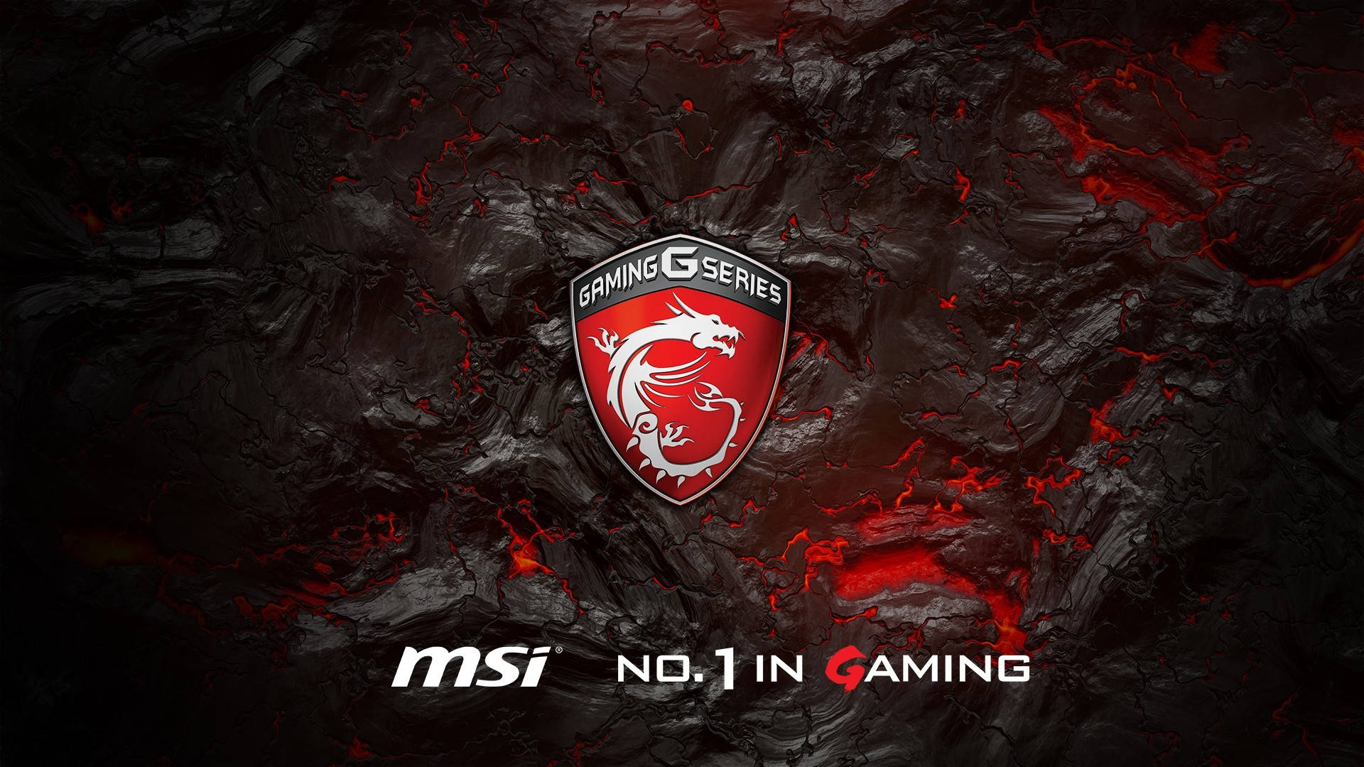Msi Gaming 桌布 壁紙 — 一個火紅色的龍標誌，位於裂開的黑色熔岩上，帶有發光的岩漿脈絡和 MSI 遊戲品牌。