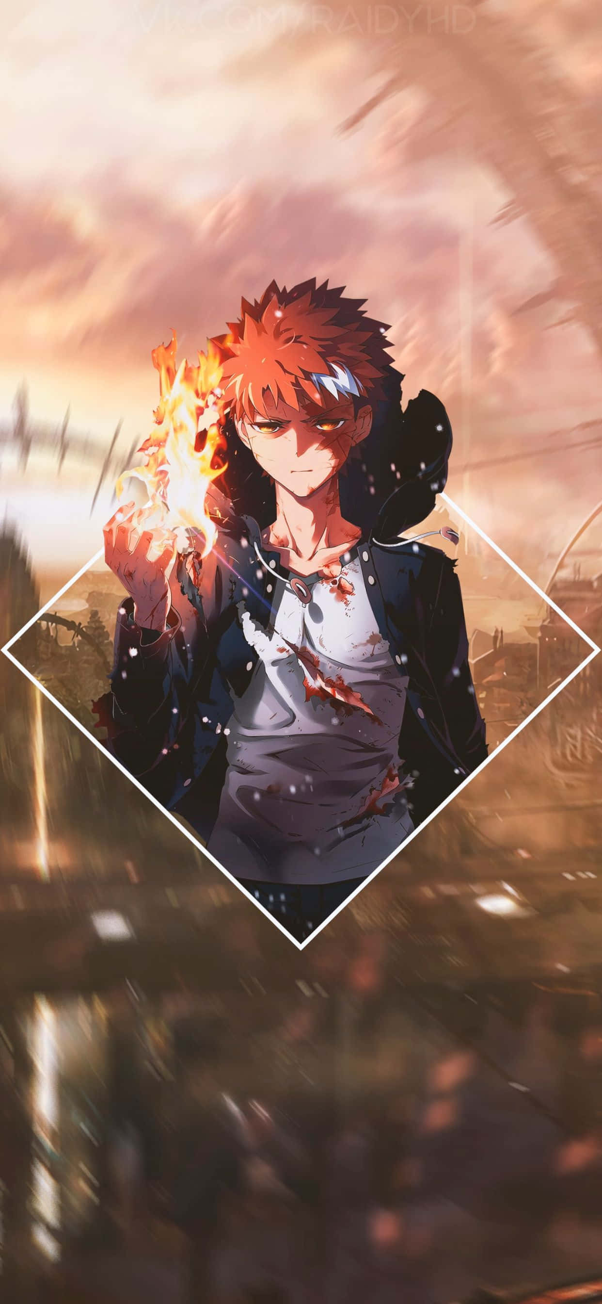 1242x2688 桌布 壁紙 — 一個火紅頭髮的動漫男孩，眼睛發光，手中握著火焰，背景是模糊的日落城市景觀。