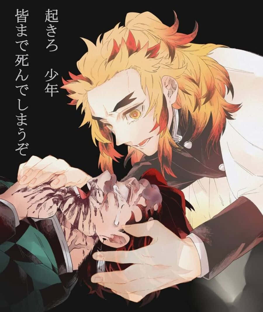 Rengoku And Tanjiro 桌布 壁紙 — 一個火紅頭髮的動漫男孩，身穿白色外套，在黑色背景下抓住另一個角色的頭部，呈現出戲劇性且充滿情感的一刻。