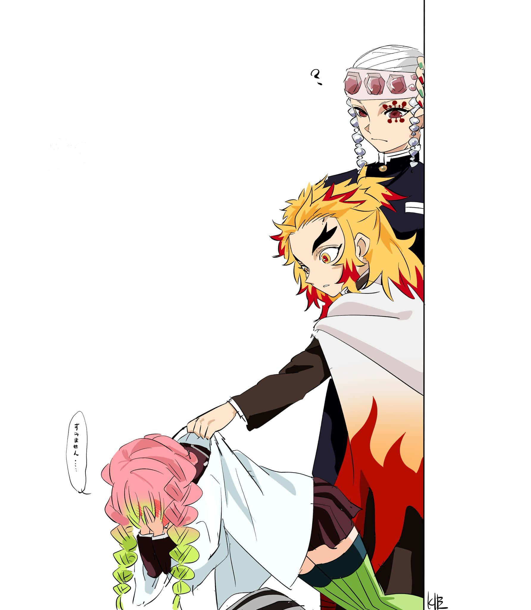 Rengoku And Tengen 桌布 壁紙 — 一個火紅頭髮的動漫男孩穿著白色斗篷，抓住一個粉紅頭髮女孩的衣領，一個嚴肅的面具人物從上方注視著。