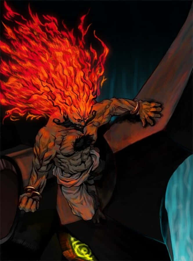 Lordgenome 桌布 壁紙 — 一個火紅頭髮的惡魔，擁有發光的眼睛和肌肉發達的身形，在黑暗背景下緊握著一把巨大的刀刃。