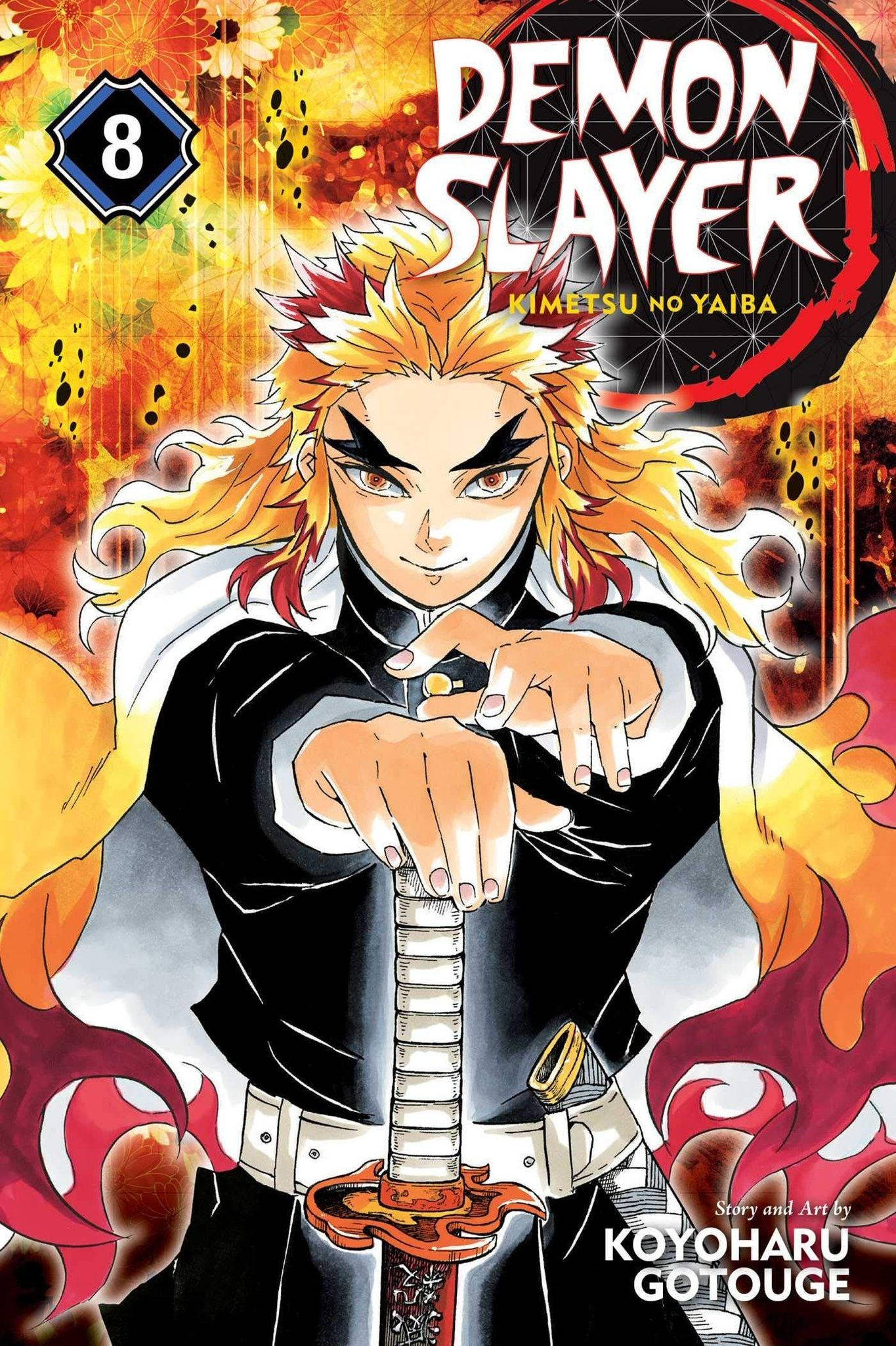 煉獄 桌布 壁紙 — 一個火紅頭髮的惡魔獵人穿著黑色制服，握著劍，背景是熾熱的橙色和紅色。