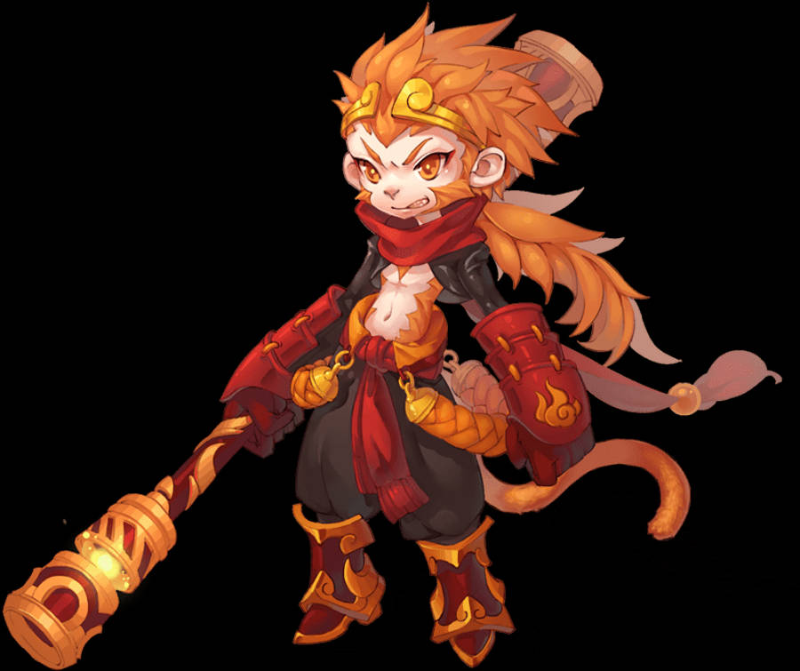 電玩遊戲 桌布 壁紙 — 一個火紅頭髮的猴子戰士穿著紅色盔甲，在黑色背景前揮舞著發光的金色棍棒。